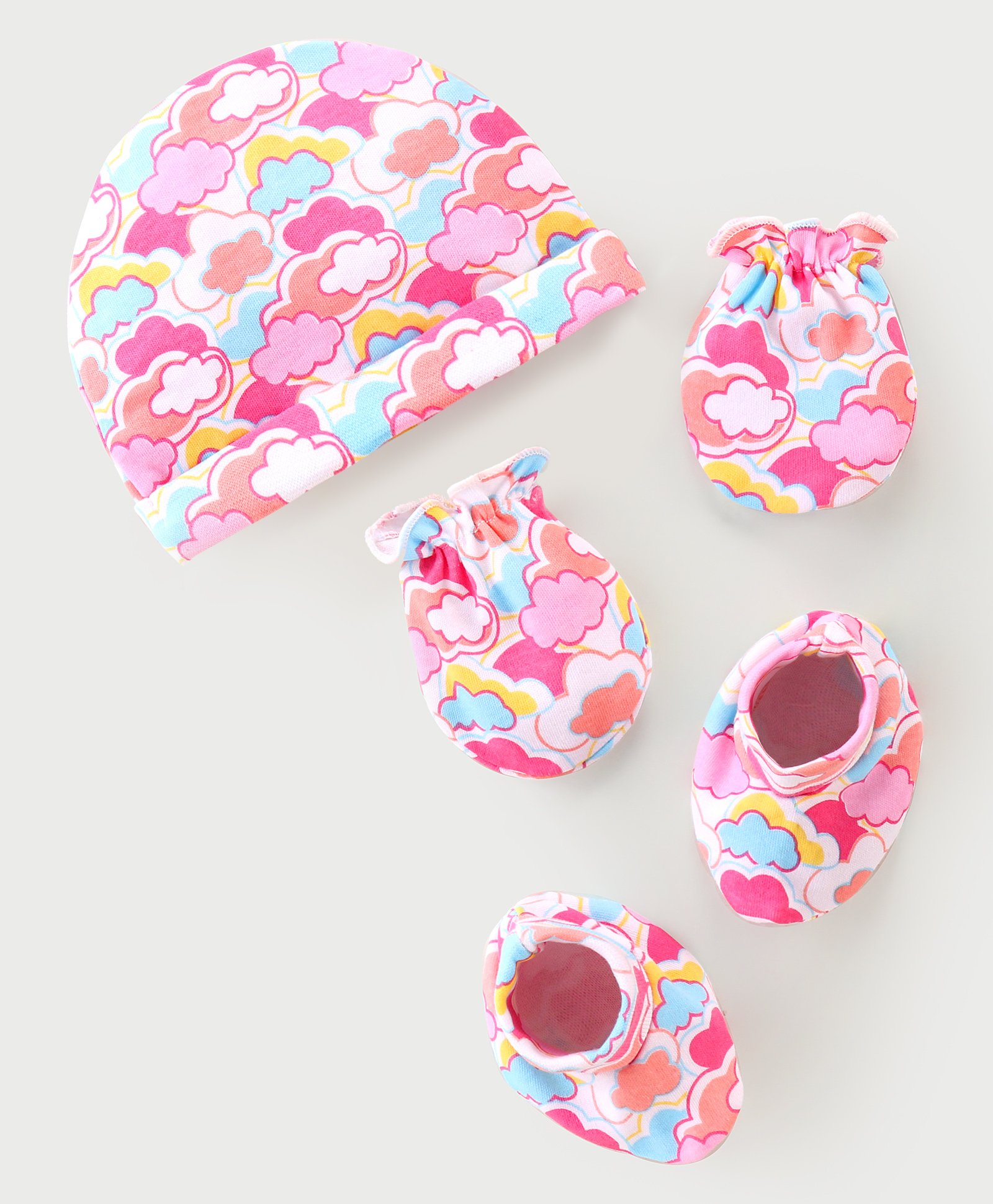 Babyhug 100% Cotton Cap Mittens And Booties With Cloud Print Pink - Diameter 9.5 cm-image-14