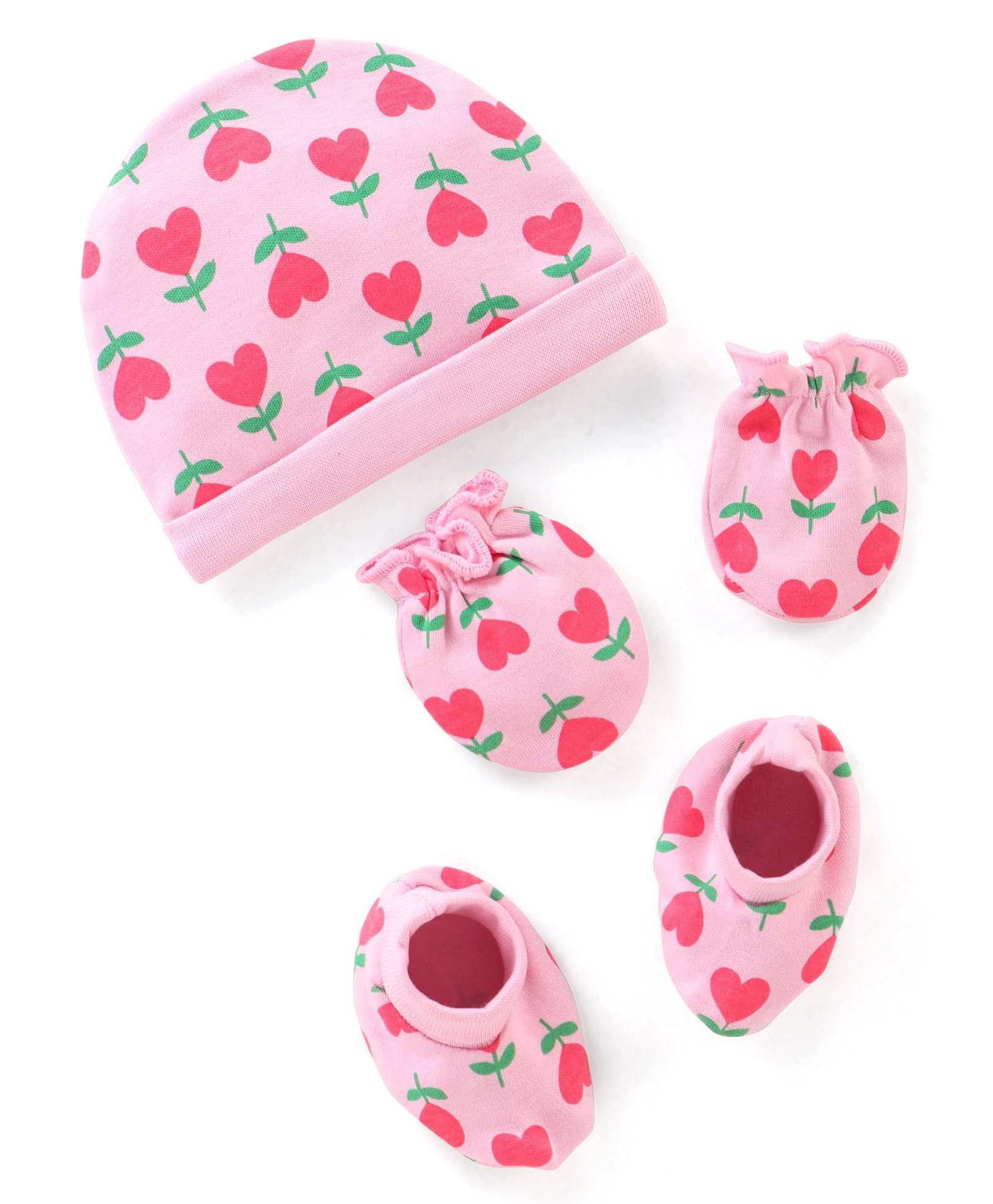 Babyhug 100% Cotton Knit Floral Printed Cap Mittens & Booties Set - Pink-picture-35