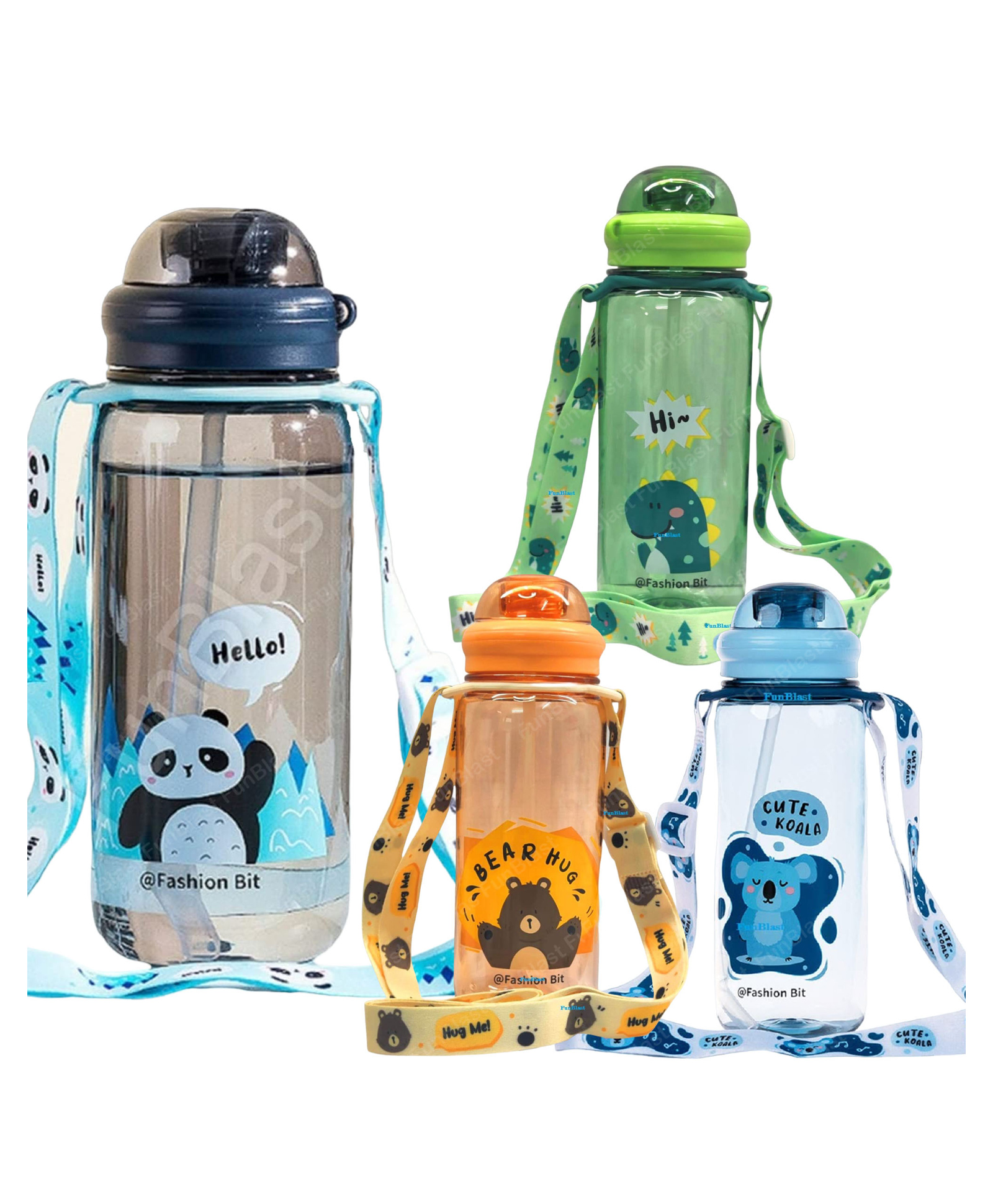FunBlast Cartoon Design Water Bottle with Straw and Strap 1 Pc Random Color and Print-image-32