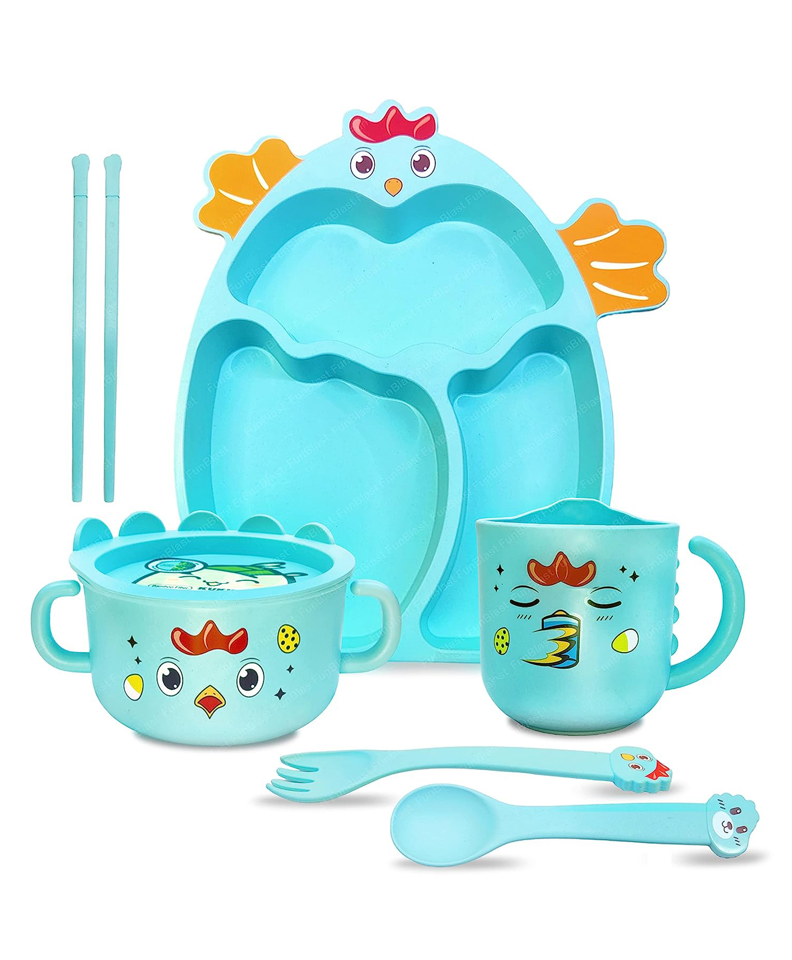 FunBlast Chicken Design Bamboo Fibre Dinnerware Set for Kids  Blue-image-25