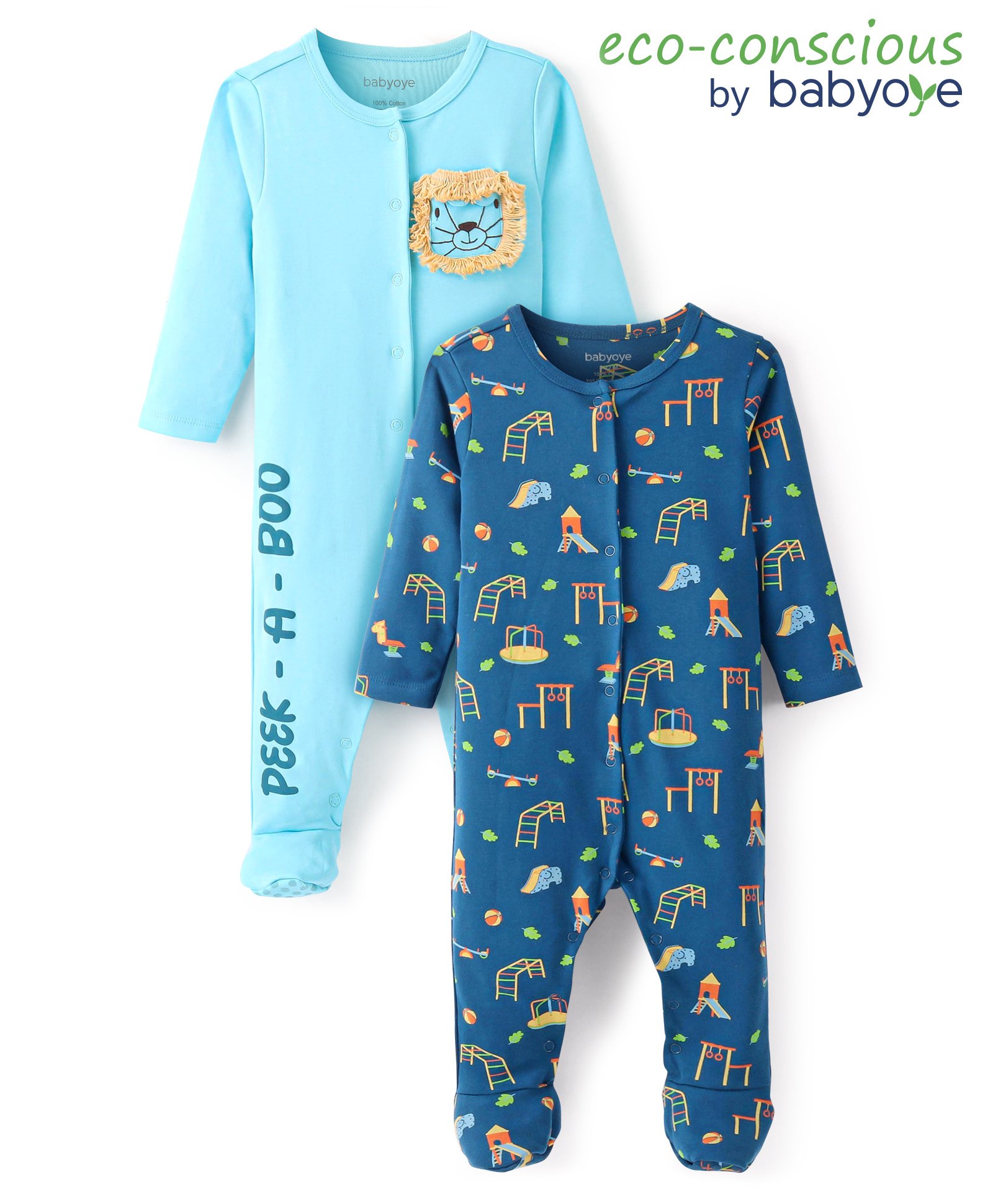 Babyoye 100% Cotton Interlock Knit Full Sleeves Sleep Suit Swings Print Pack of 2 - Blue-picture-37