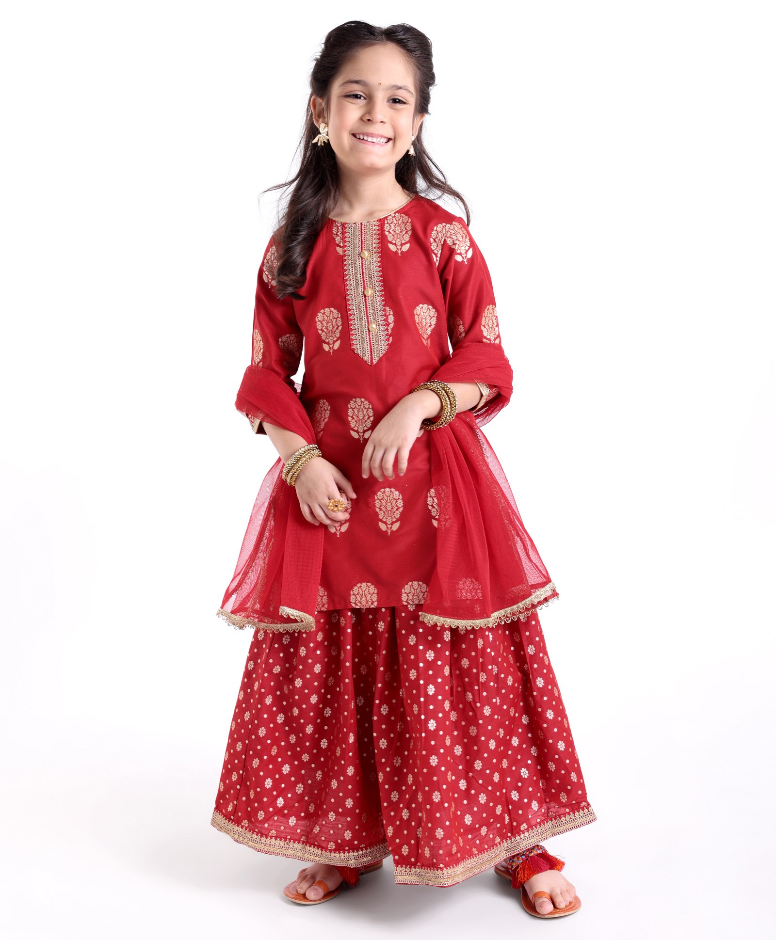 Babyhug Three Fourth Sleeves Foil Printed Long Kurta with Skirt and Dupatta - Red-picture-25