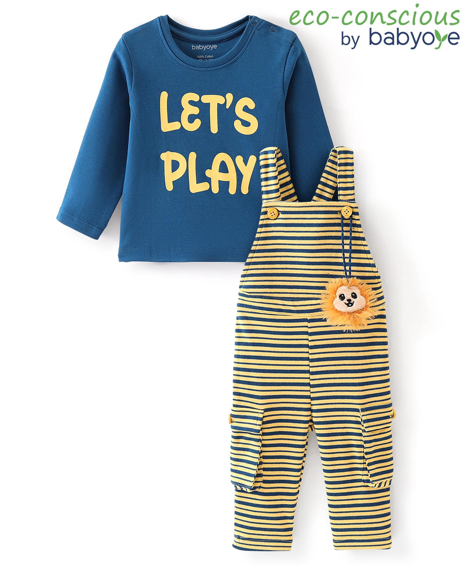 Babyoye 100% Cotton Interlock Knit Striped Dungaree with Full Sleeves Text Printed Inner Tee - Blue-picture-21