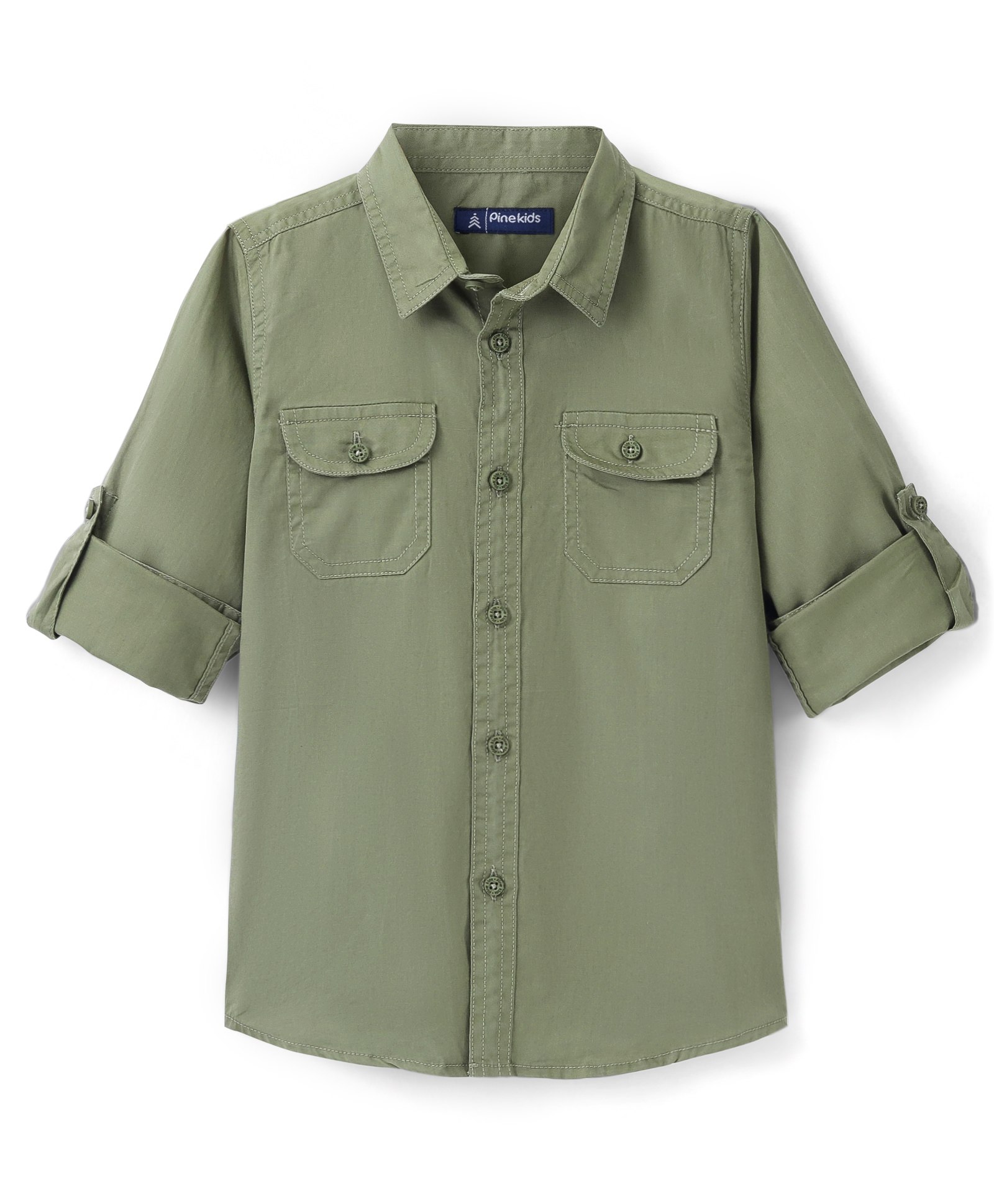 Pine Kids Cotton Twill Roll Up Full Sleeves Shirt Solid- Green-image-15