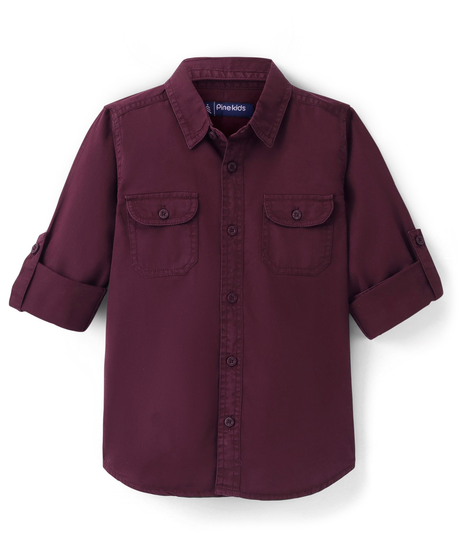 Pine Kids 100% Cotton Twill Roll Up Full Sleeves Shirts Solid Colour - Maroon-image-44