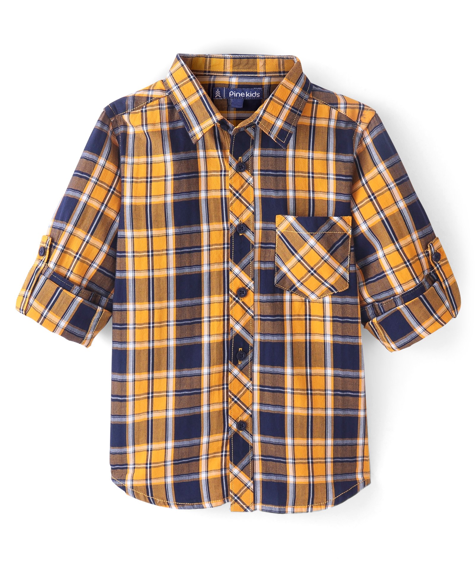 Pine Kids Cotton Full Sleeve Turn Up Single Pocket Checks Shirt - Yellow-image-39