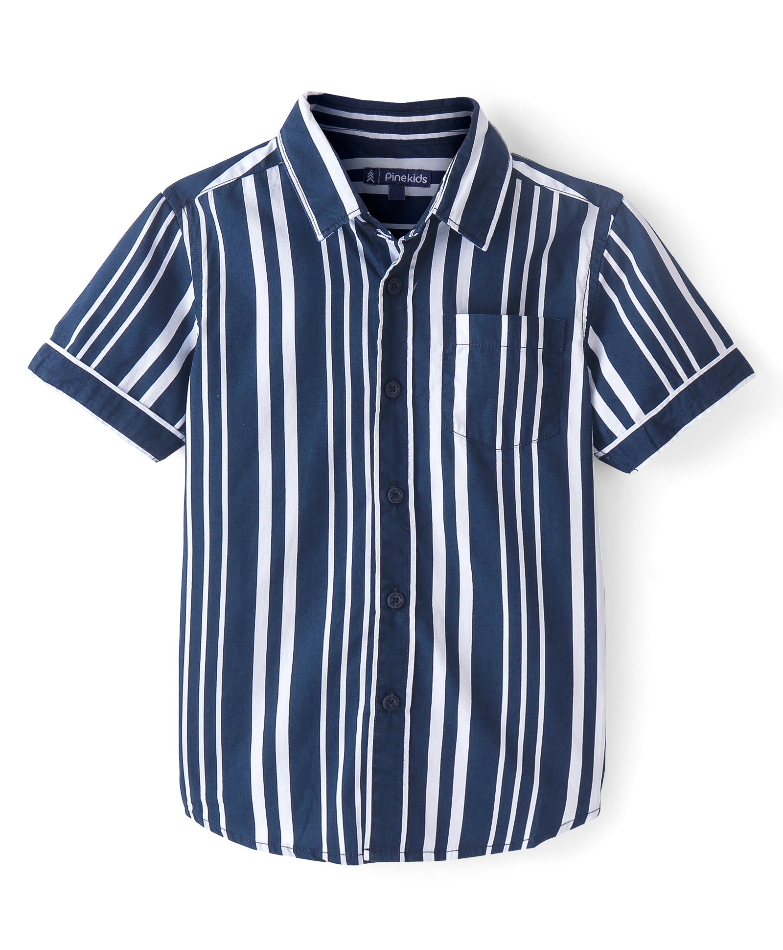 Pine Kids 100% Cotton Half Sleeve Single Pocket Striped Shirt - Navy Blue-image-20
