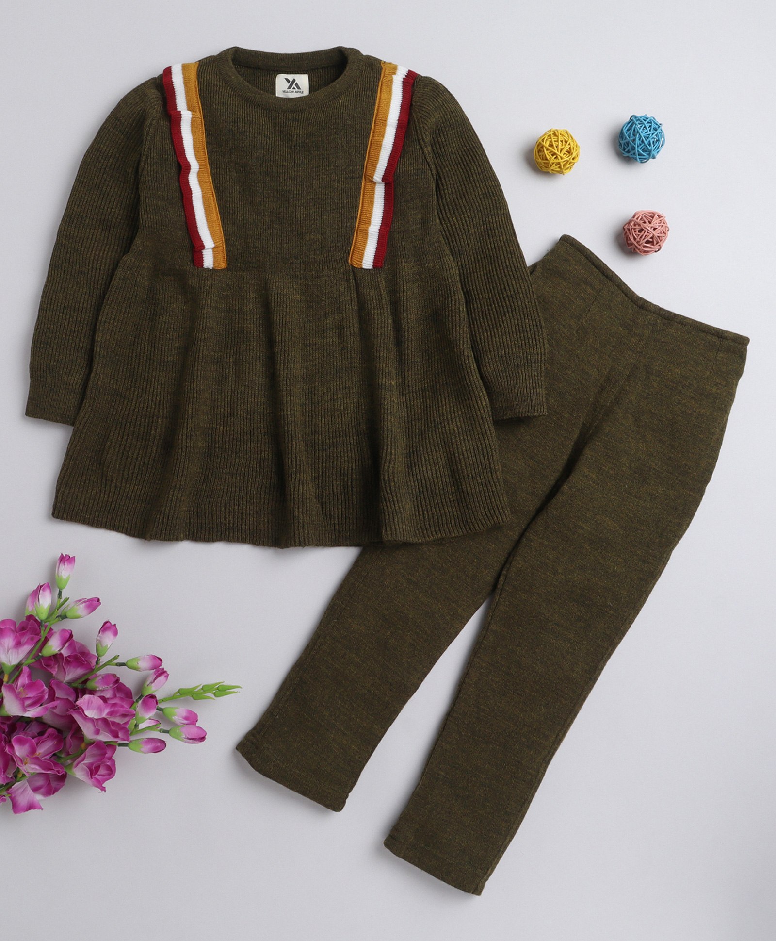 Yellow Apple Acrylic Knit to Knit Full Sleeves Winter Wear Suits With Lounge Pant - Olive-image-30