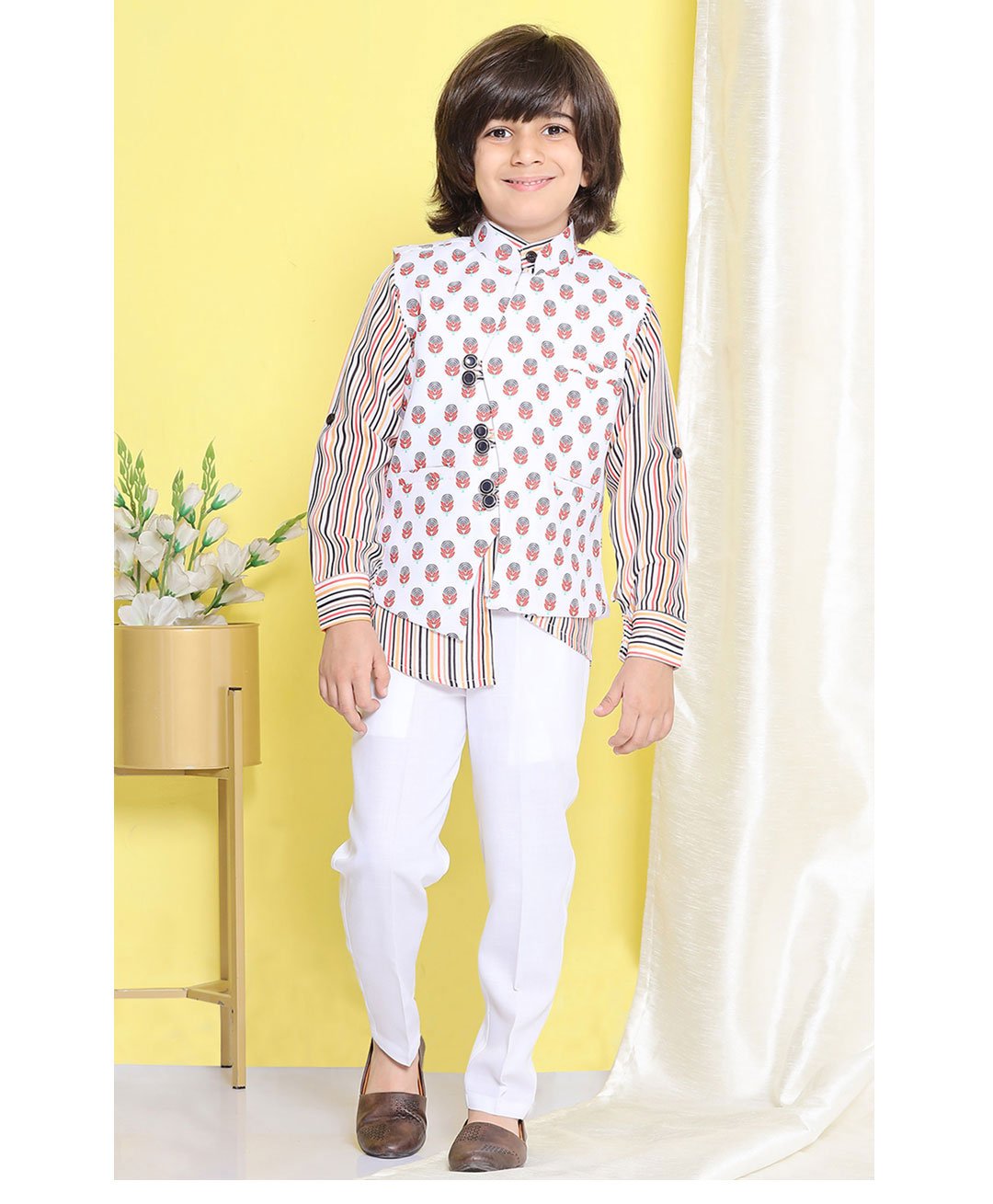 AJ Dezines Full Sleeves Striped Kurta With Flower Motif Printed Waistcoat & Trouser - Multi Colour-image-42
