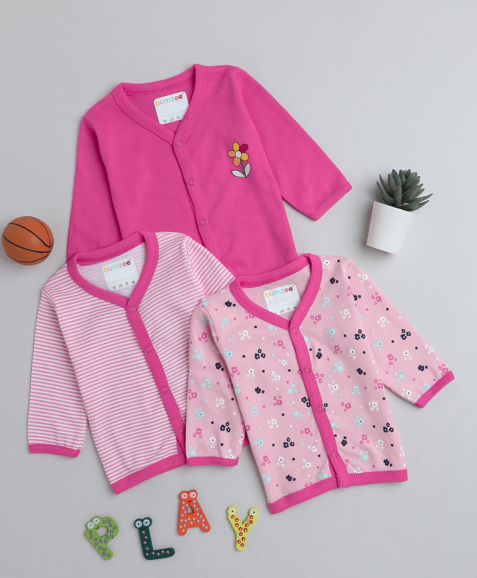 BUMZEE Full Sleeves Cotton Striped & Floral Printed Set of Vests Pack of 3 - Pink-image-48