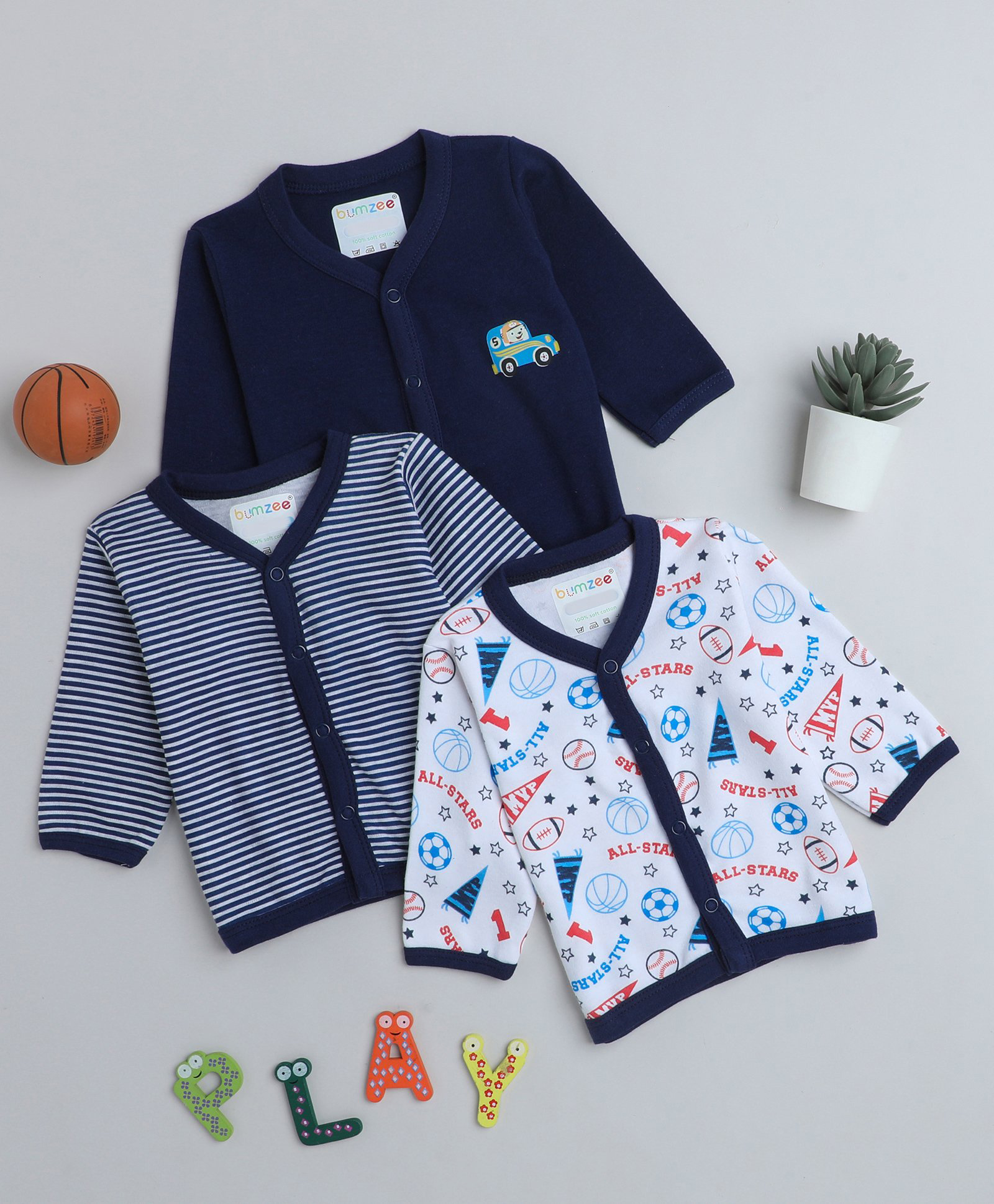 BUMZEE Full Sleeves Cotton Striped & Sports Printed Set of Vests Pack of 3 - Blue-image-1