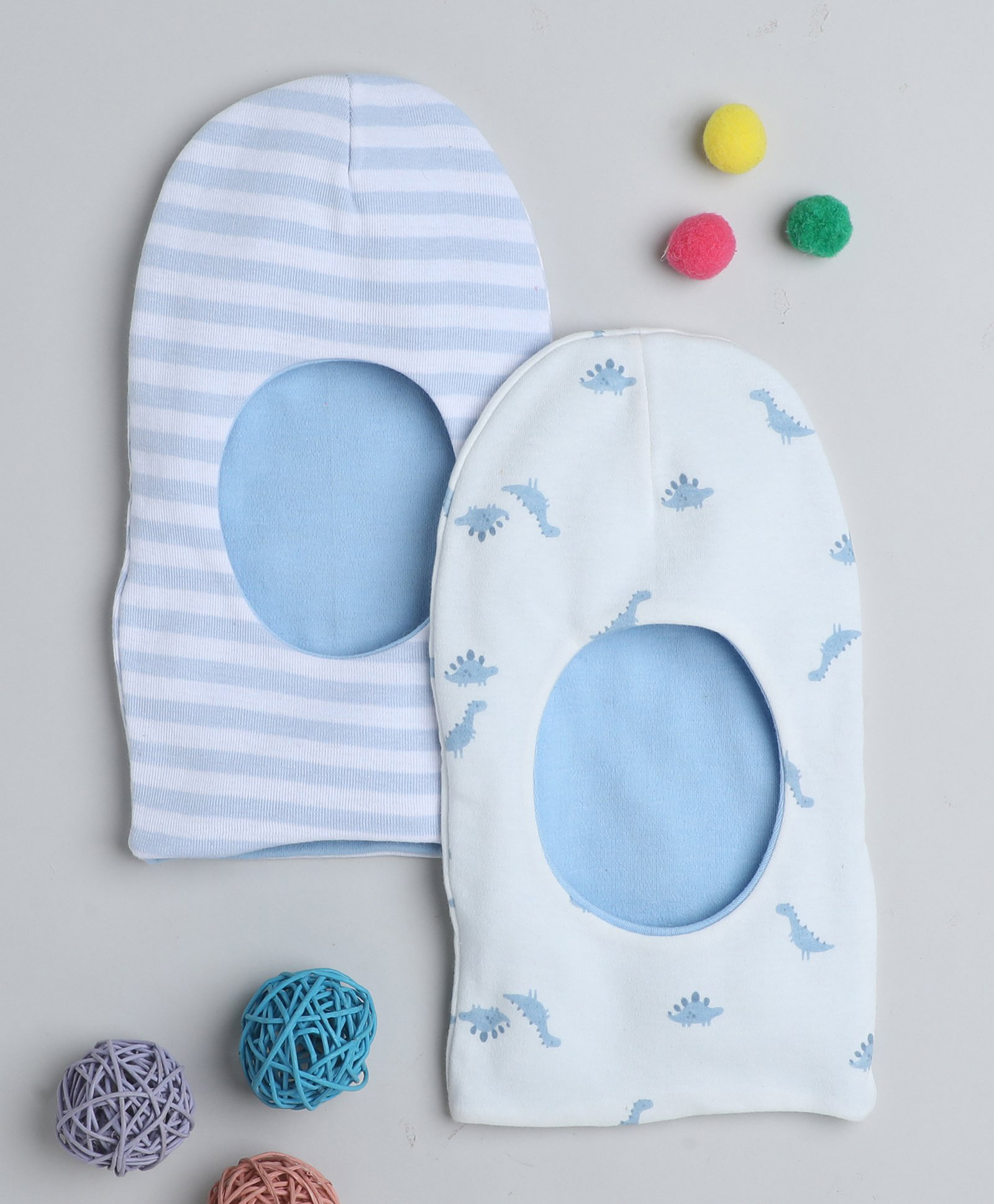 BUMZEE Cotton Reversible Monkey Cap Striped & Dino Printed Pack Of 2 - Blue-image-37