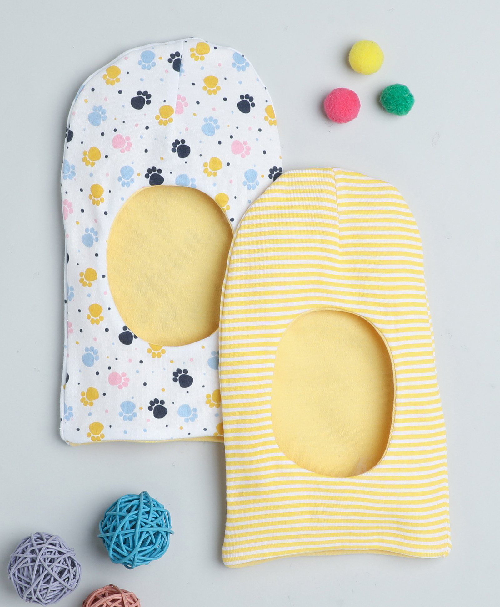 BUMZEE Cotton Reversible Monkey Cap Striped & Paw Printed Pack Of 2 - Yellow-picture-40