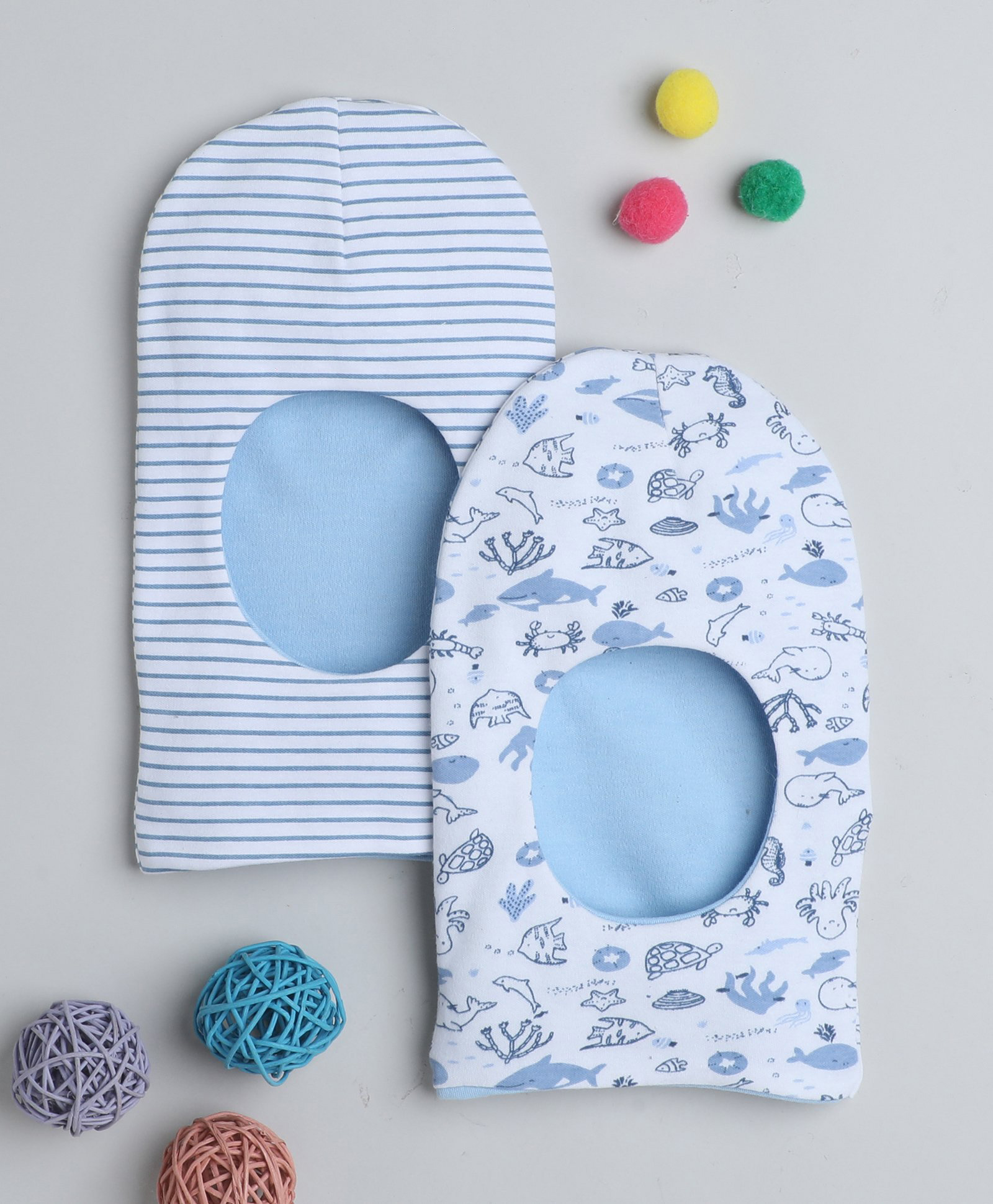 BUMZEE Cotton Reversible Monkey Cap Striped & Fish Printed Pack Of 2 - Blue-picture-42