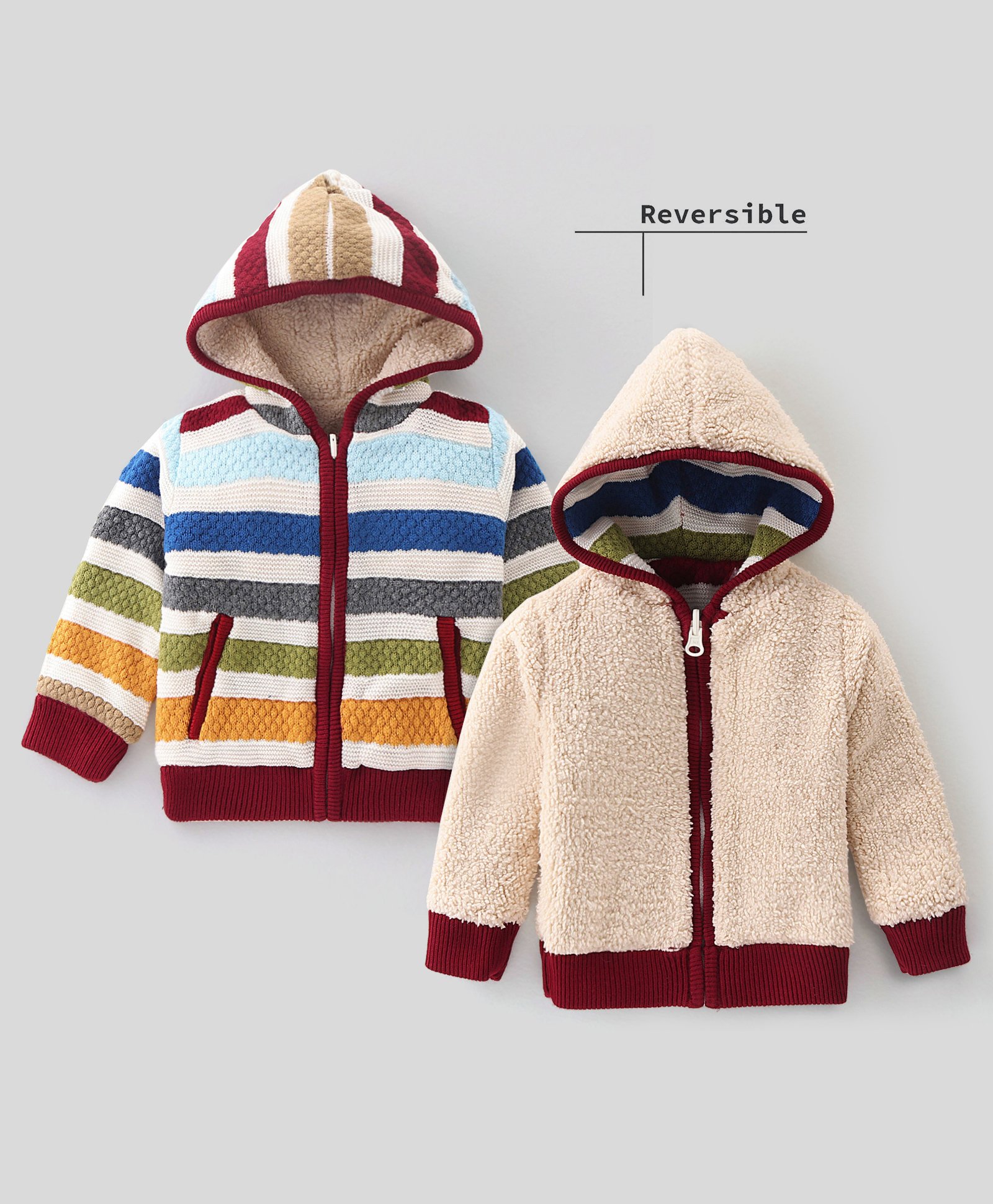 Yellow Apple Acrylic  Full Sleeves Reversible Hoodie Striped  - Maroon-image-35
