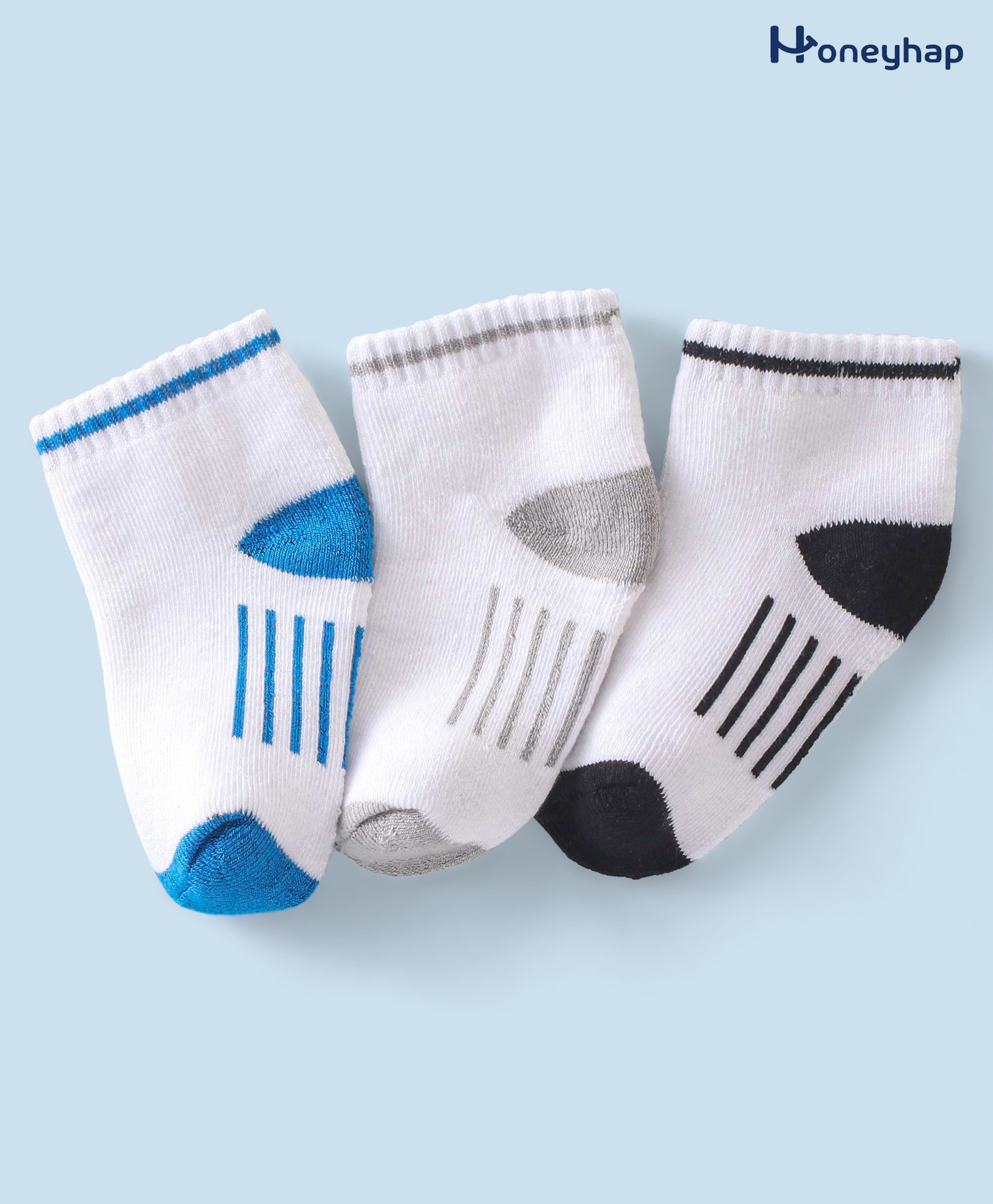 Honeyhap Premium Cotton Bamboo Ankle Length Terry Socks with Anti-Bacterial Finish Pack of 3 - Grey Melange Black & Indigo Bunting-image-9