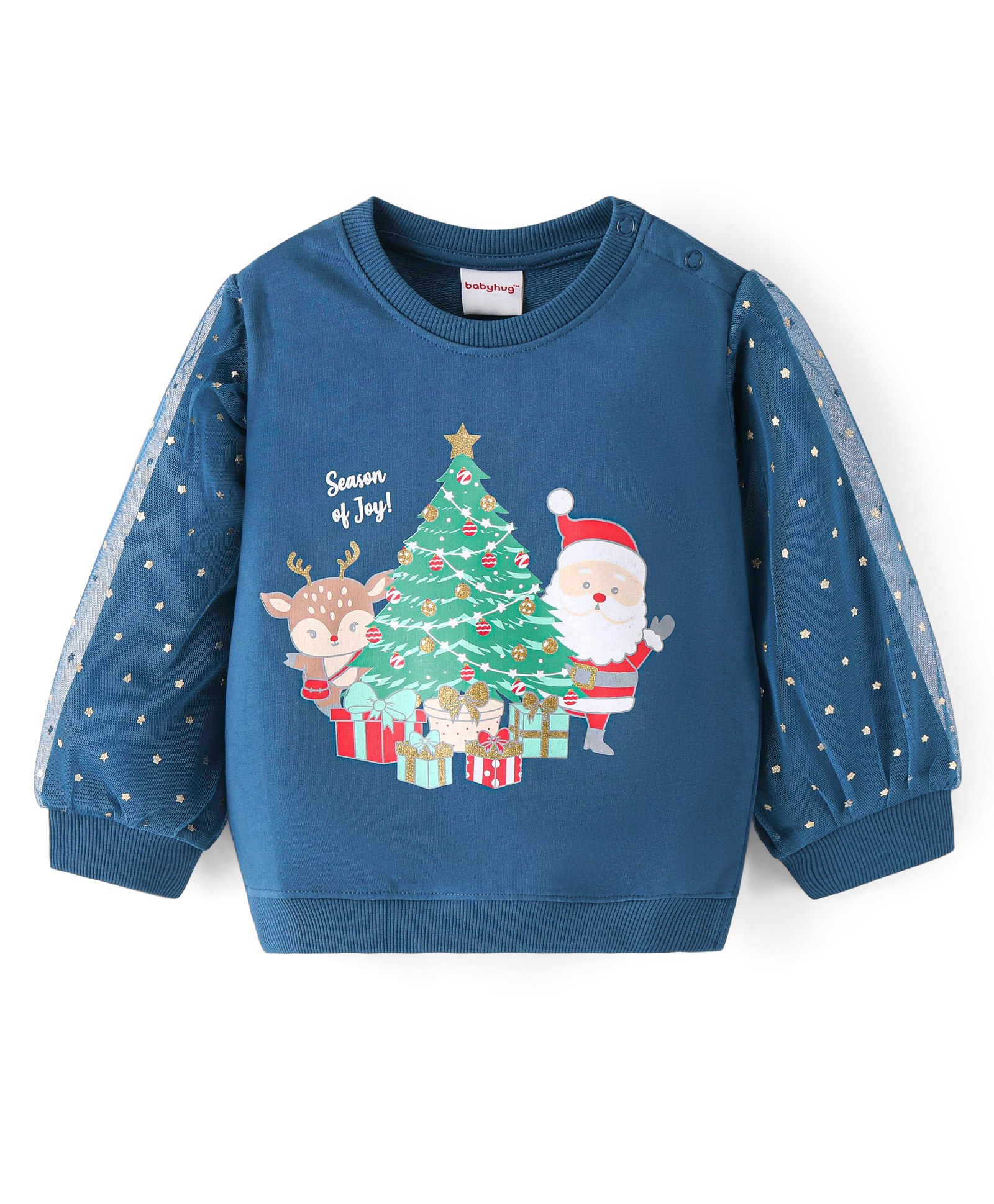 Babyhug Cotton Full Sleeves Sweatshirt With Christmas Graphics Foil Print & Mesh Detailing - Navy Blue-image-13