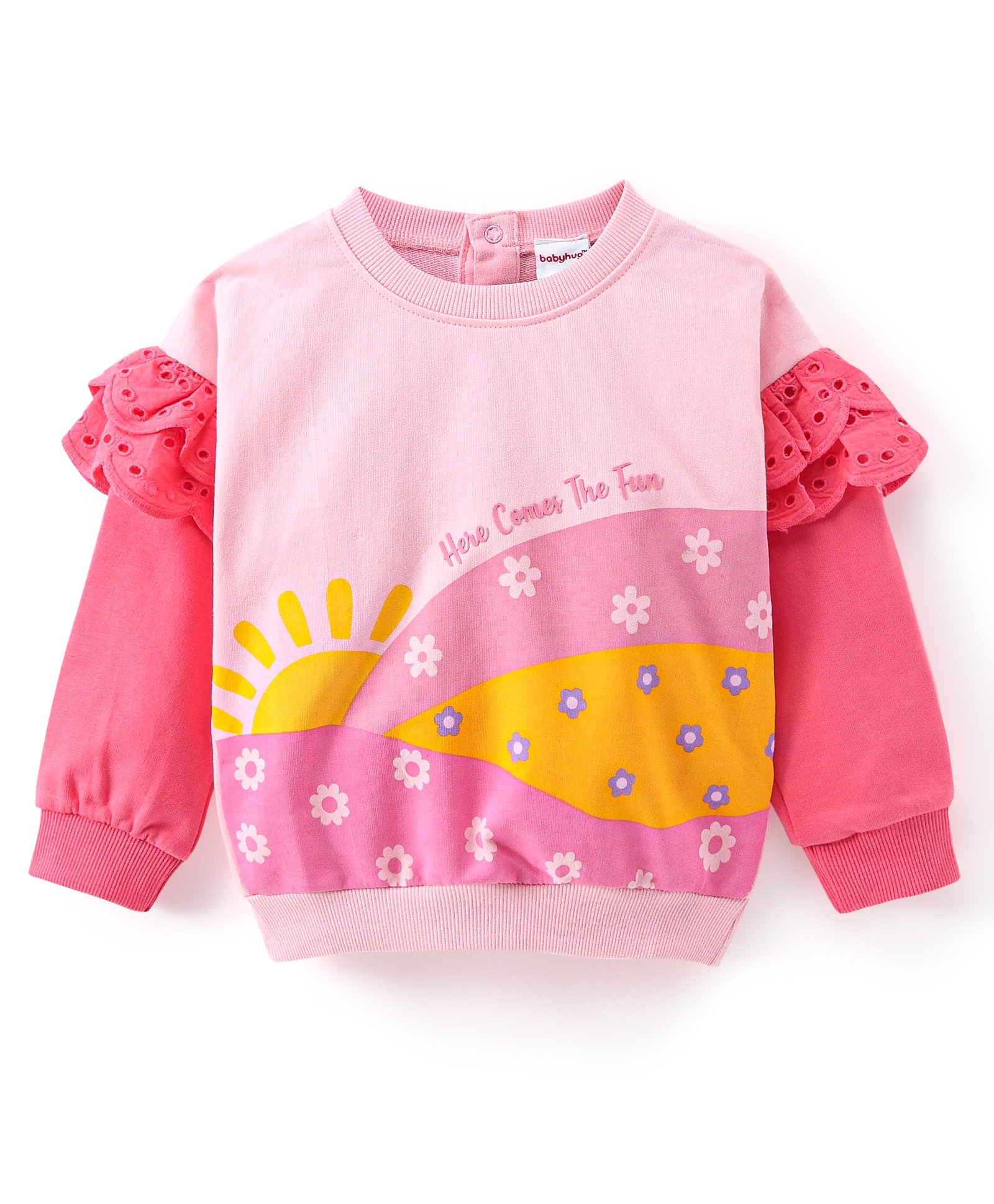 Babyhug Full Sleeves Sweatshirt with Sun & Flower Graphics & Frill Detailing - Pink-image-14
