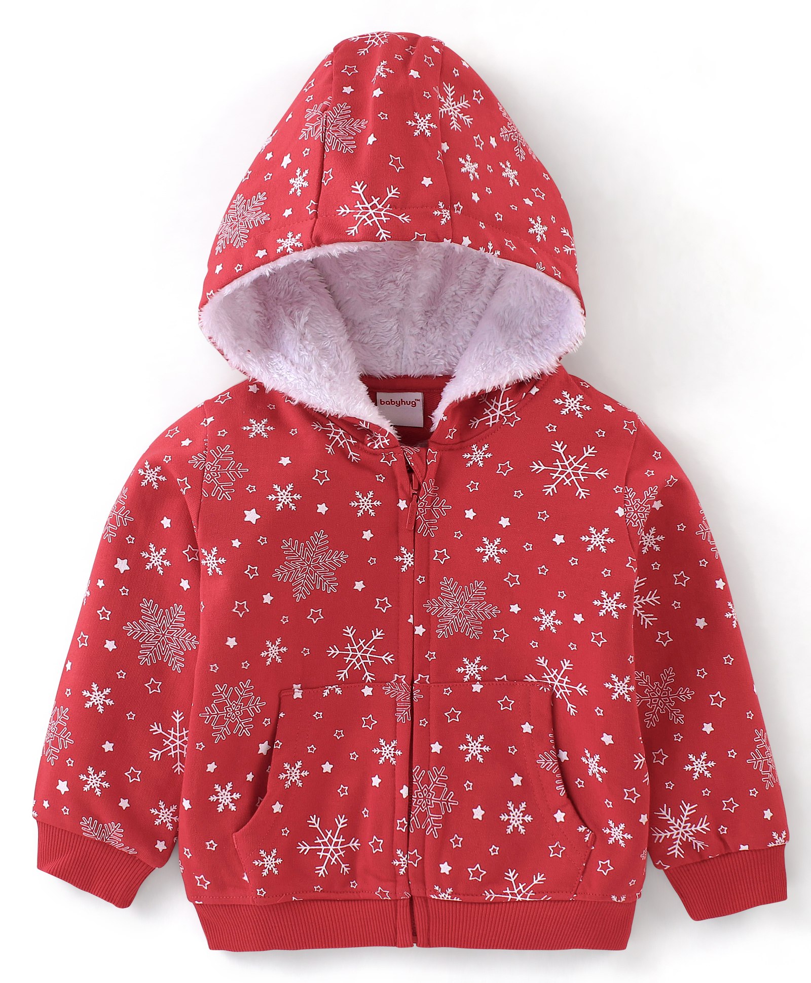 Babyhug Cotton Knit Full Sleeves Sweatjacket With Zipper & Hood Snow Print - Red-image-49
