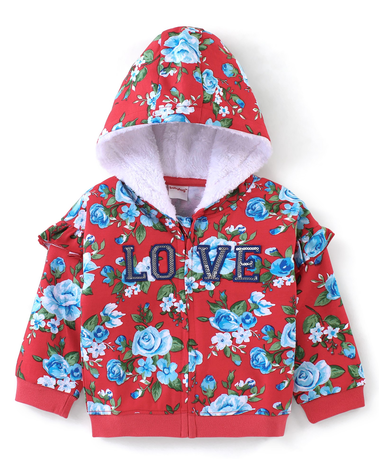 Babyhug Cotton Knit Full Sleeves Front Open Sweatshirt With Hood Floral Print & Sequins Detailing - Red-picture-15