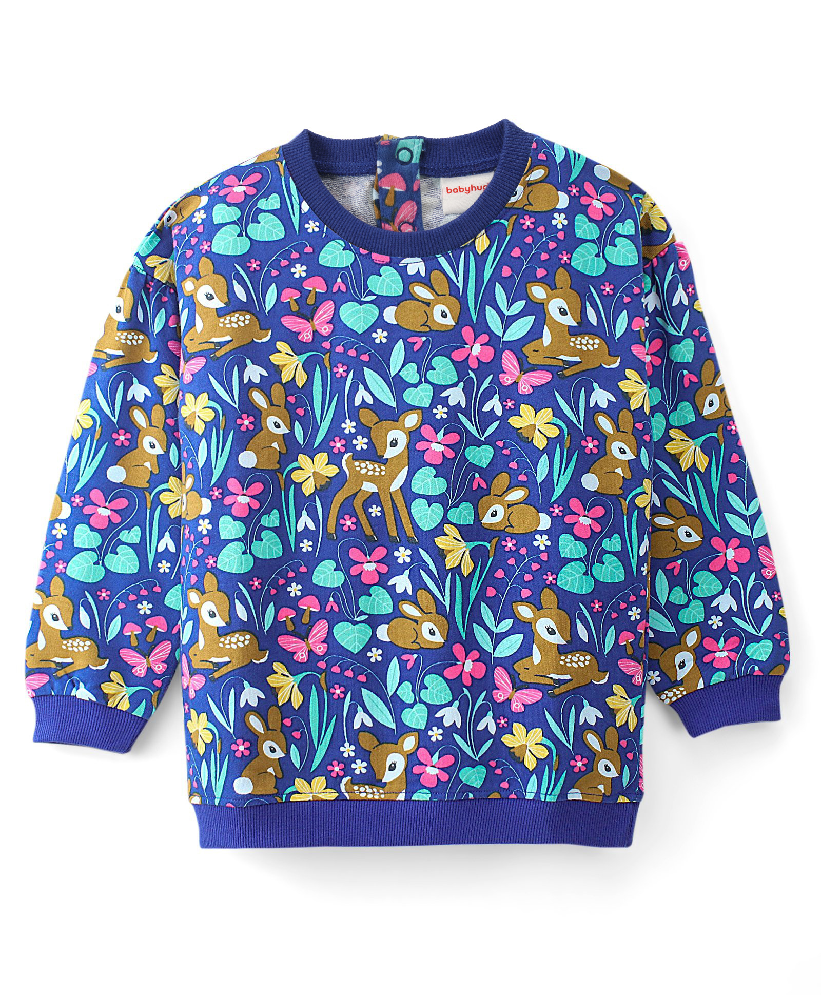 Babyhug 100% Cotton Knit Full Sleeves Sweatshirt With Floral & Deer Print - Navy Blue-image-6