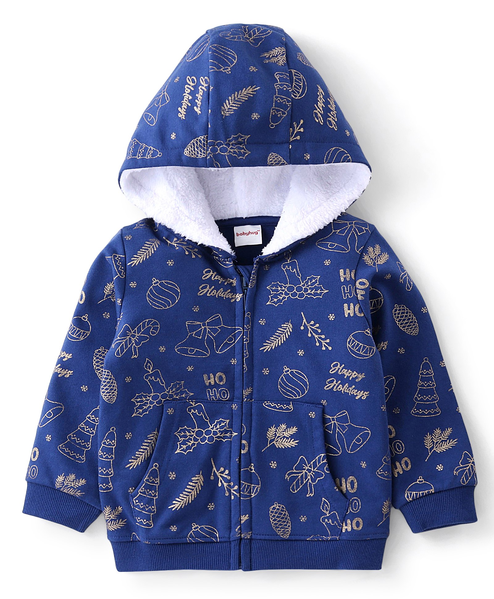Babyhug Cotton Knit Full Sleeves Foil Printed Medium Winter Sweat Jacket with Hood - Navy Blue-picture-13