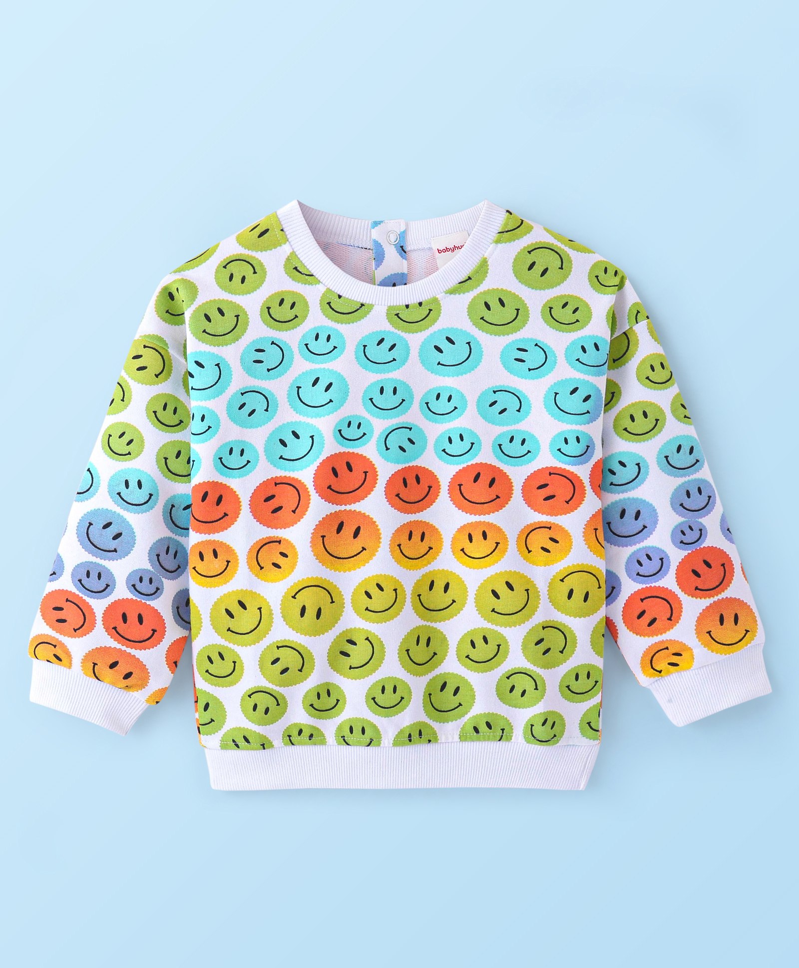 Babyhug Cotton Knit Full Sleeves Drop Shoulder Sweatshirt With Smiley Print - White-image-30