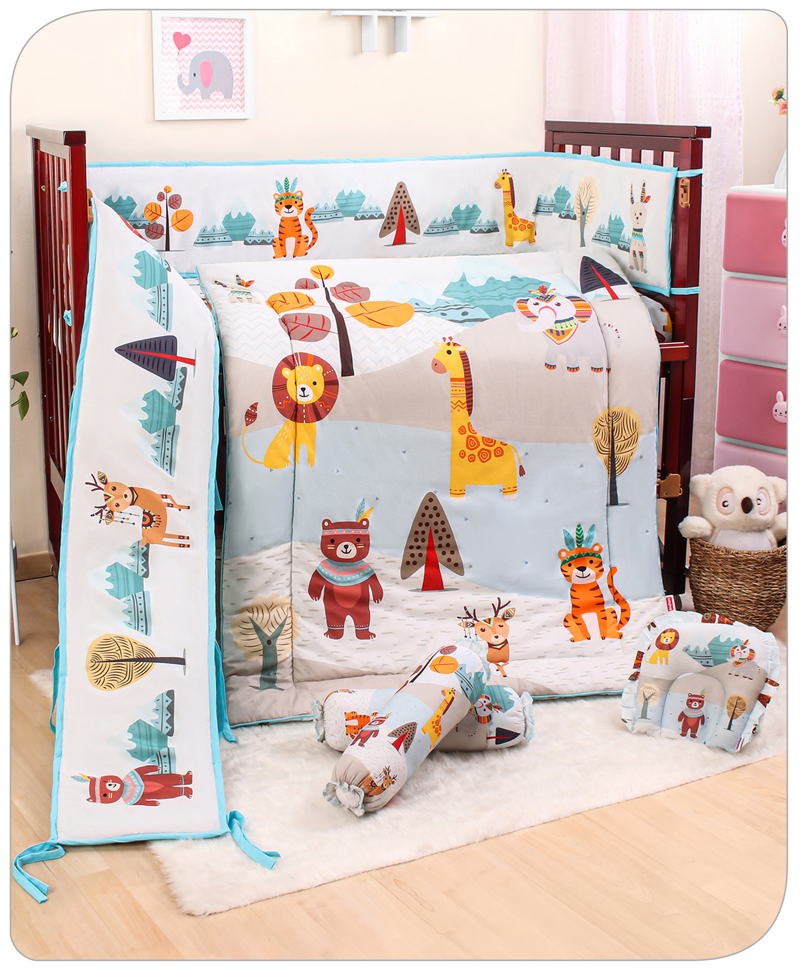 Babyhug 100% Cotton Digital Printed Crib Bedding Set Tribal Animal Theme - Multicolour