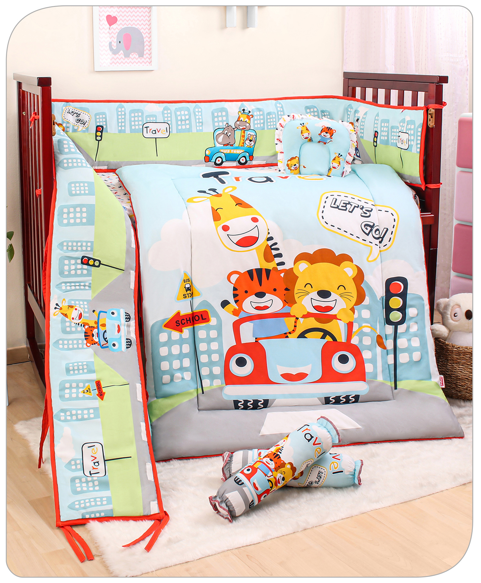Babyhug 100% Cotton Digital Printed Crib Bedding Set Travel Theme - Multicolour-image-45
