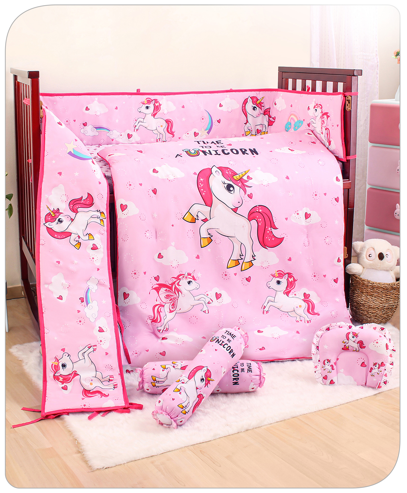 Babyhug 100% Cotton Digital Printed Crib Bedding Set Unicorn Theme - Pink-image-47