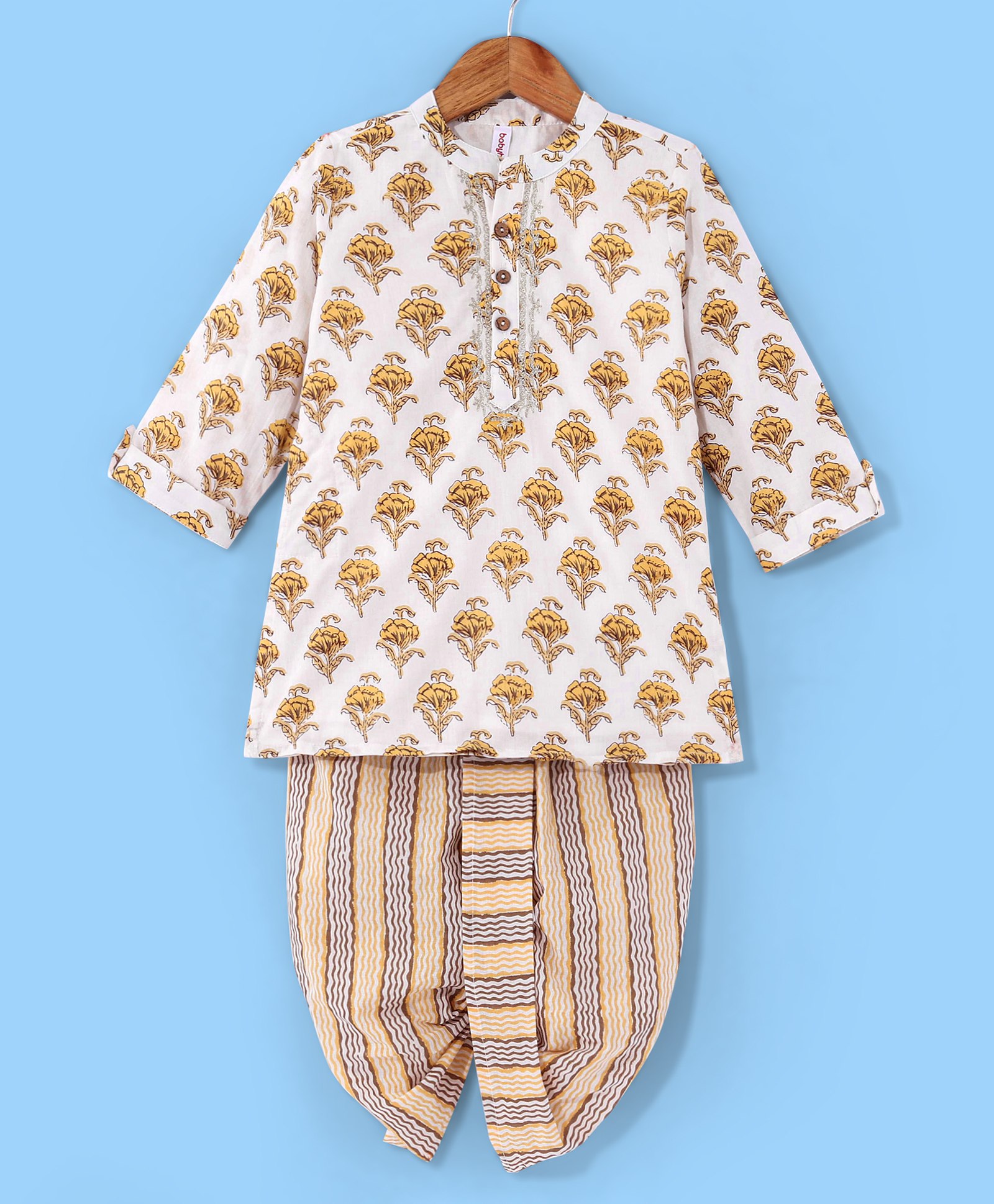 Babyhug Cotton Woven Full Sleeves Floral Printed Kurta & Dhoti Set - Off White-image-48