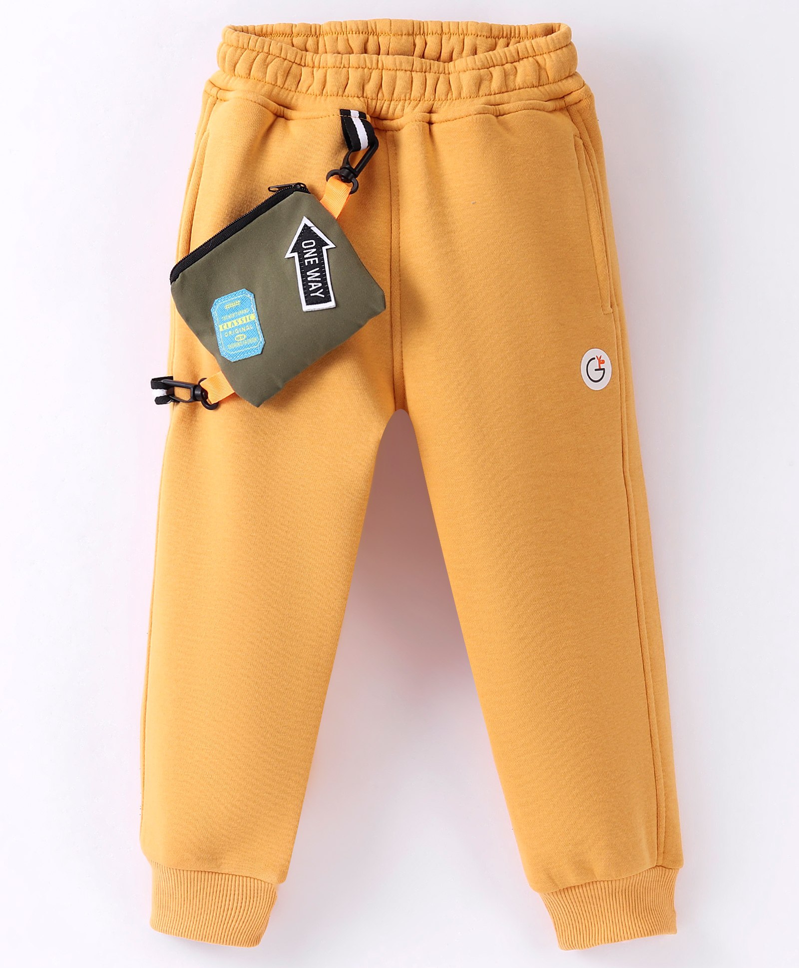 Little Kangaroos Cotton Knit Full Length Solid Fleece Pant with Pouch - Yellow-image-9