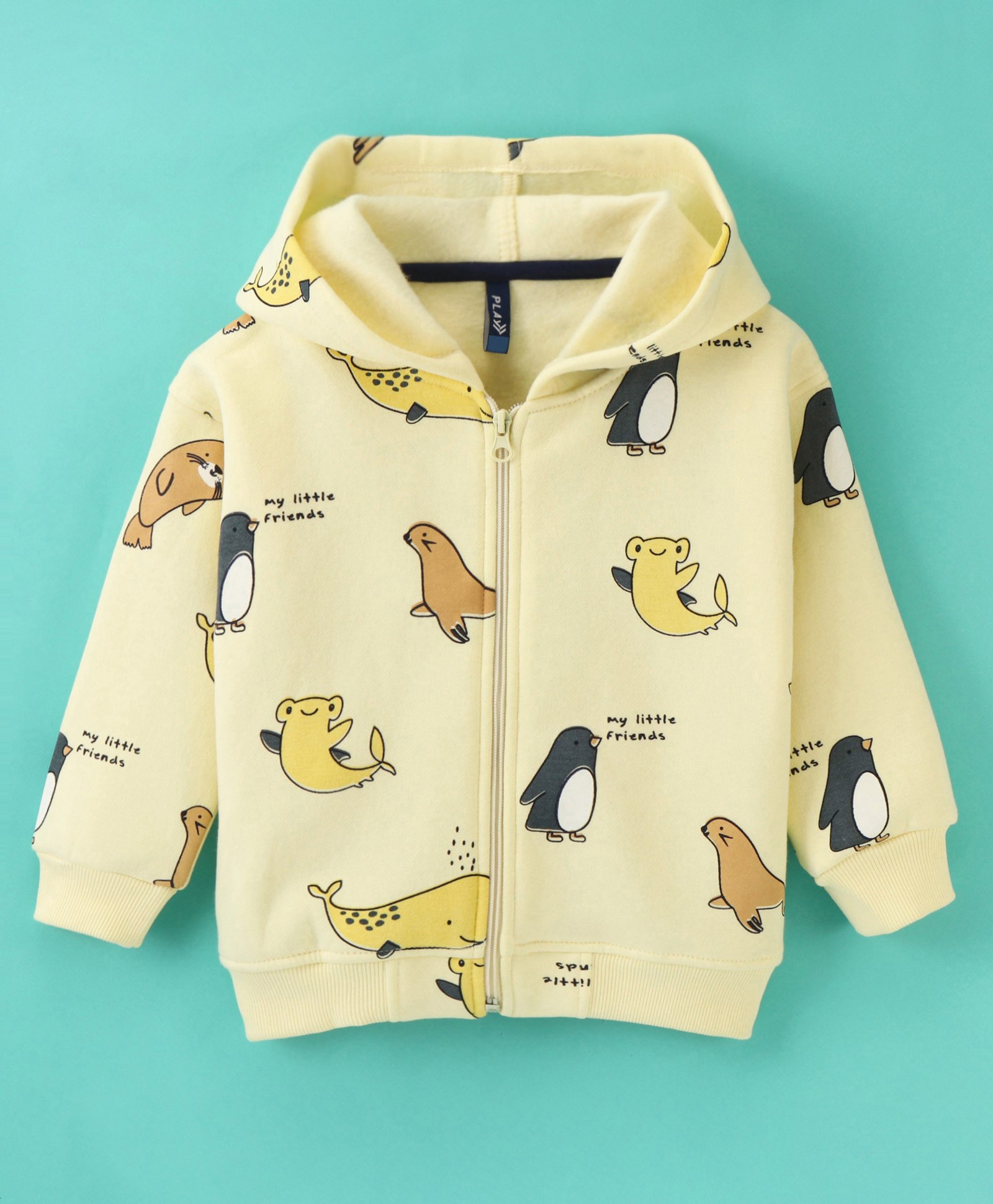 Little Kangaroos Fleece Full Sleeves Hooded Jacket With Penguin Print - Yellow-image-13