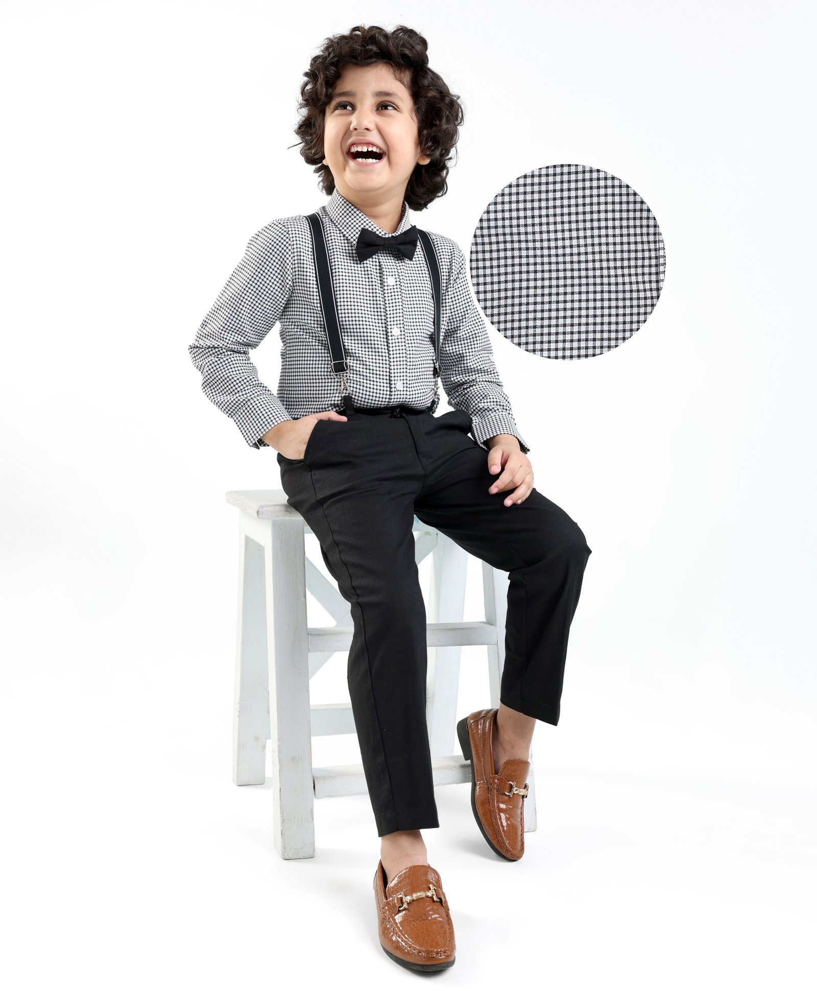 Mark & Mia Full Sleeves Checkered Party Shirt & Trouser Set with Bow Tie & Suspenders - Black & Grey-picture-10