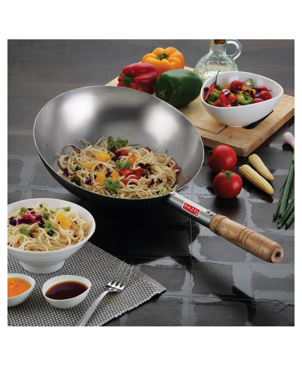 HAZEL Stainless Steel Chinese Wok Kadhai with Wooden Handle Deep-Fry Pan Stir Fry Wok  25.5 cm - 1900 ml-image-15