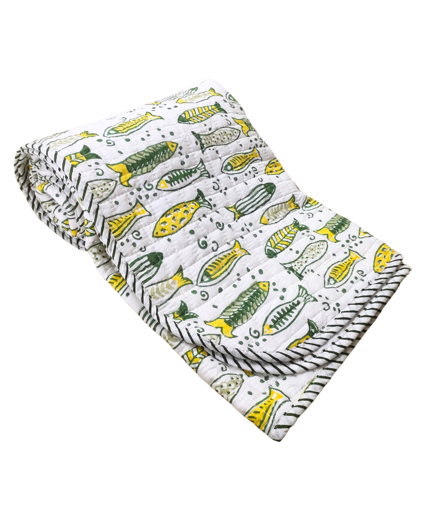Almitra Sustainables Fish Tales Hand Block Printed Muslin Blanket- 1 Quantity-image-39