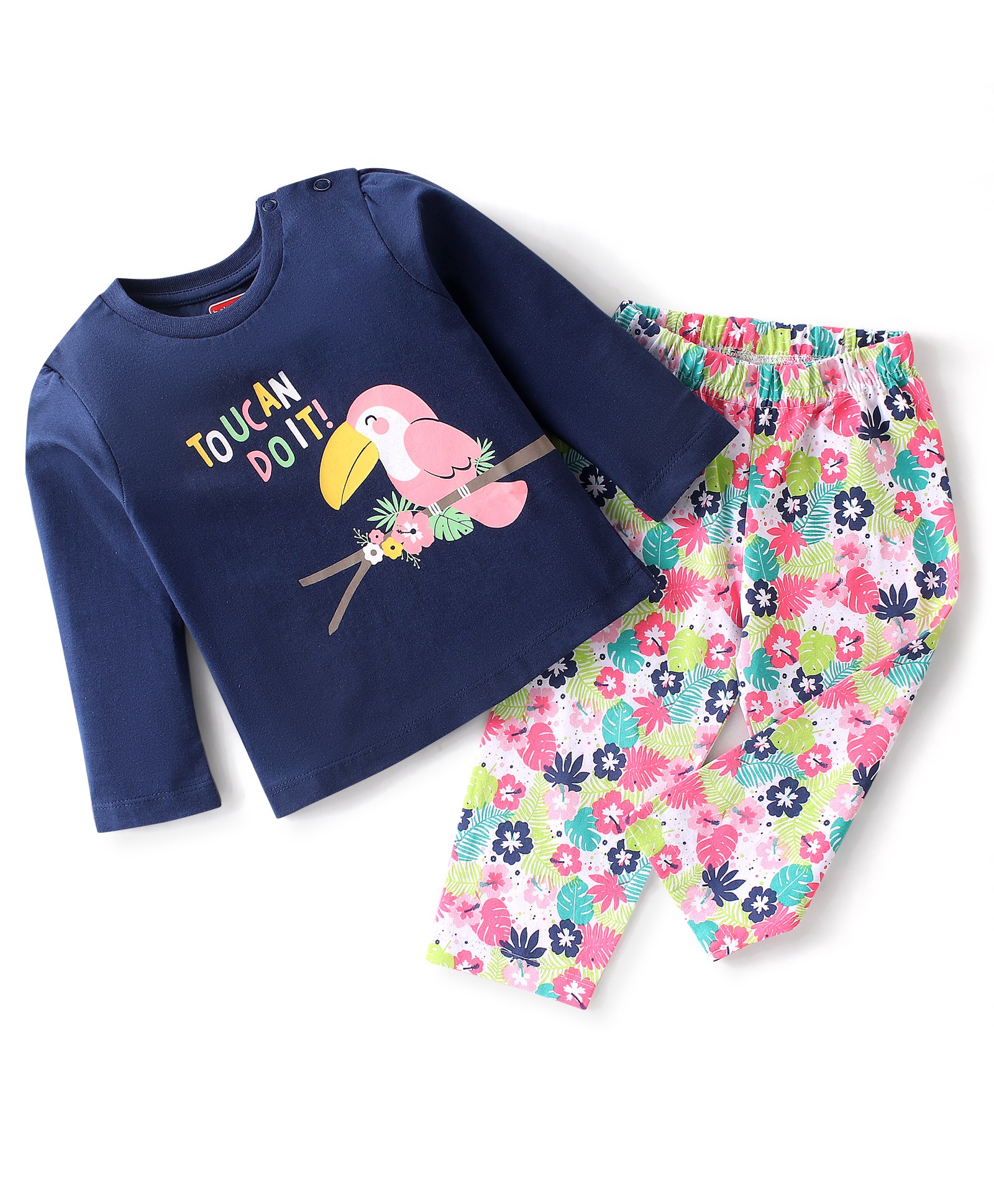 Babyhug Cotton Knit Full Sleeves Night Suit With Tropical Toucan Print - Navy Blue & Pink-image-16