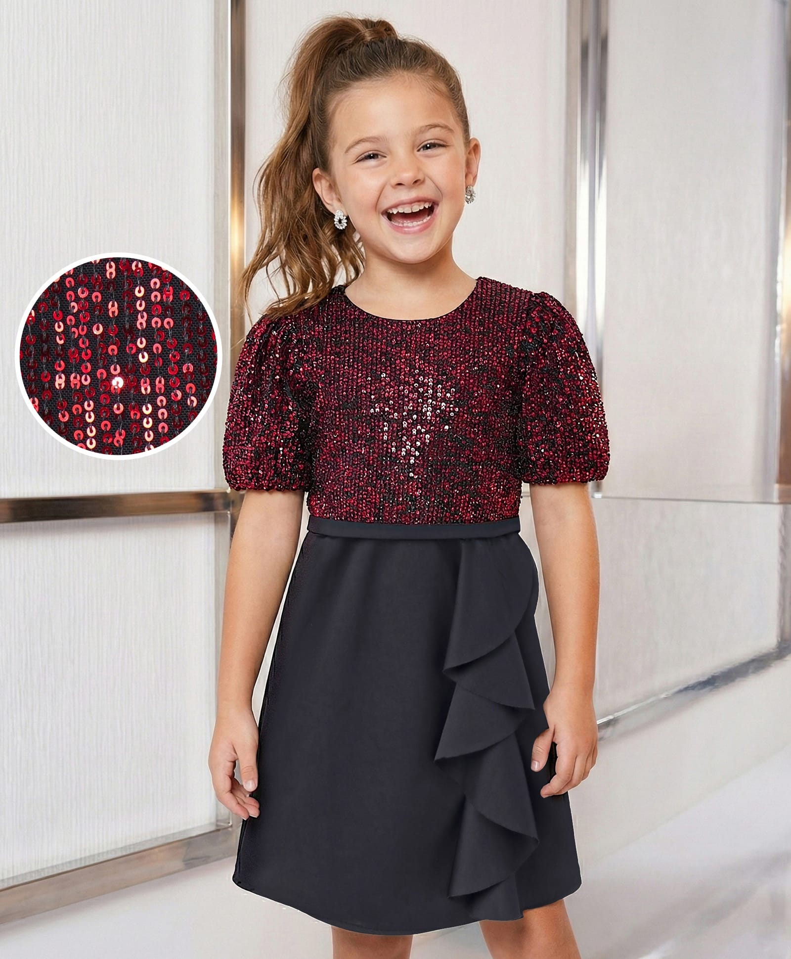 Hola Bonita Half Sleeves Sequined Bodice with Scuba Ruffle Party Dress - Black-image-4
