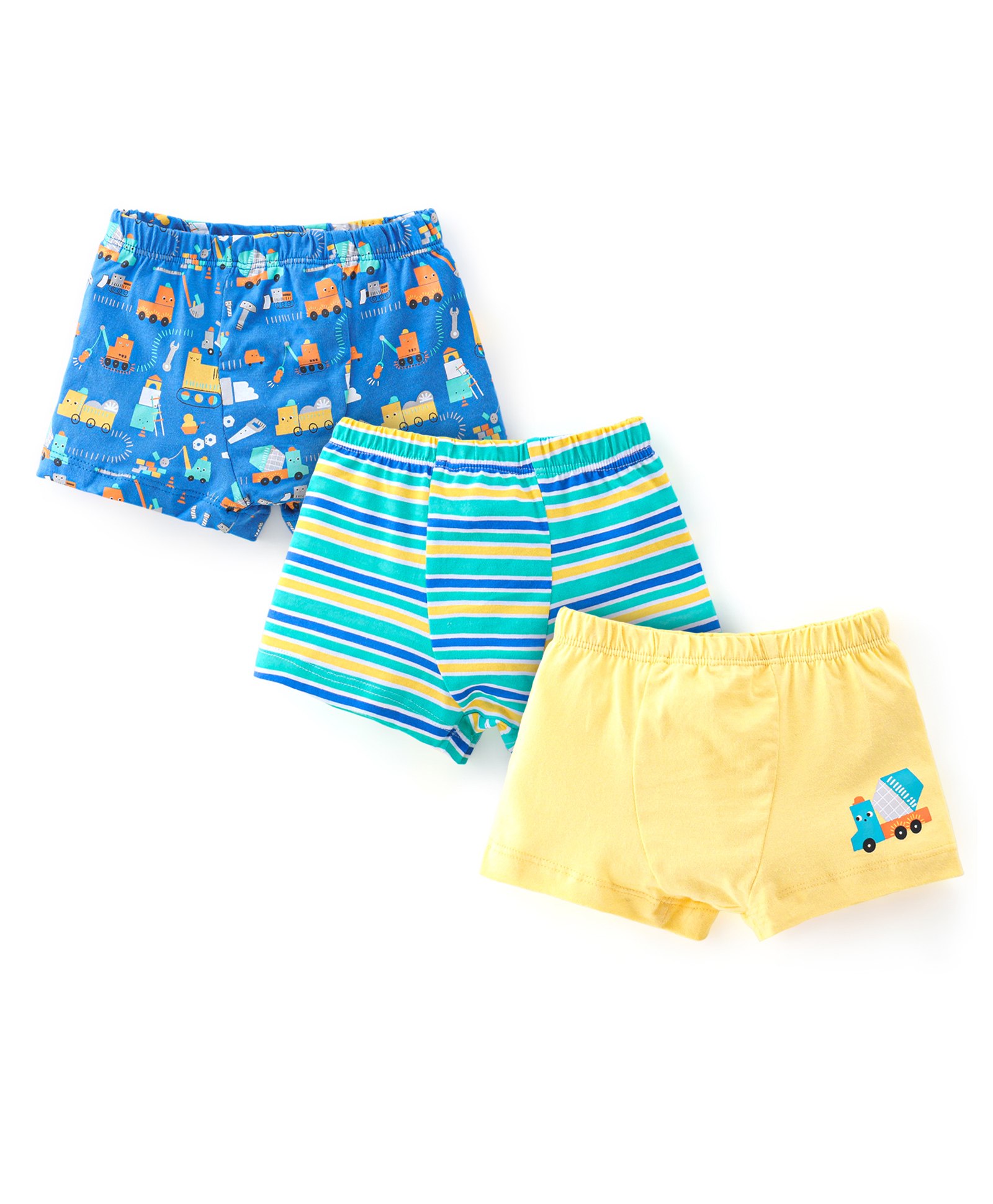 Babyhug 100% Cotton Single Jersey Knit Trunk Stripes & Construction Vehicle Print Pack of 3 - Yellow & Blue-picture-14
