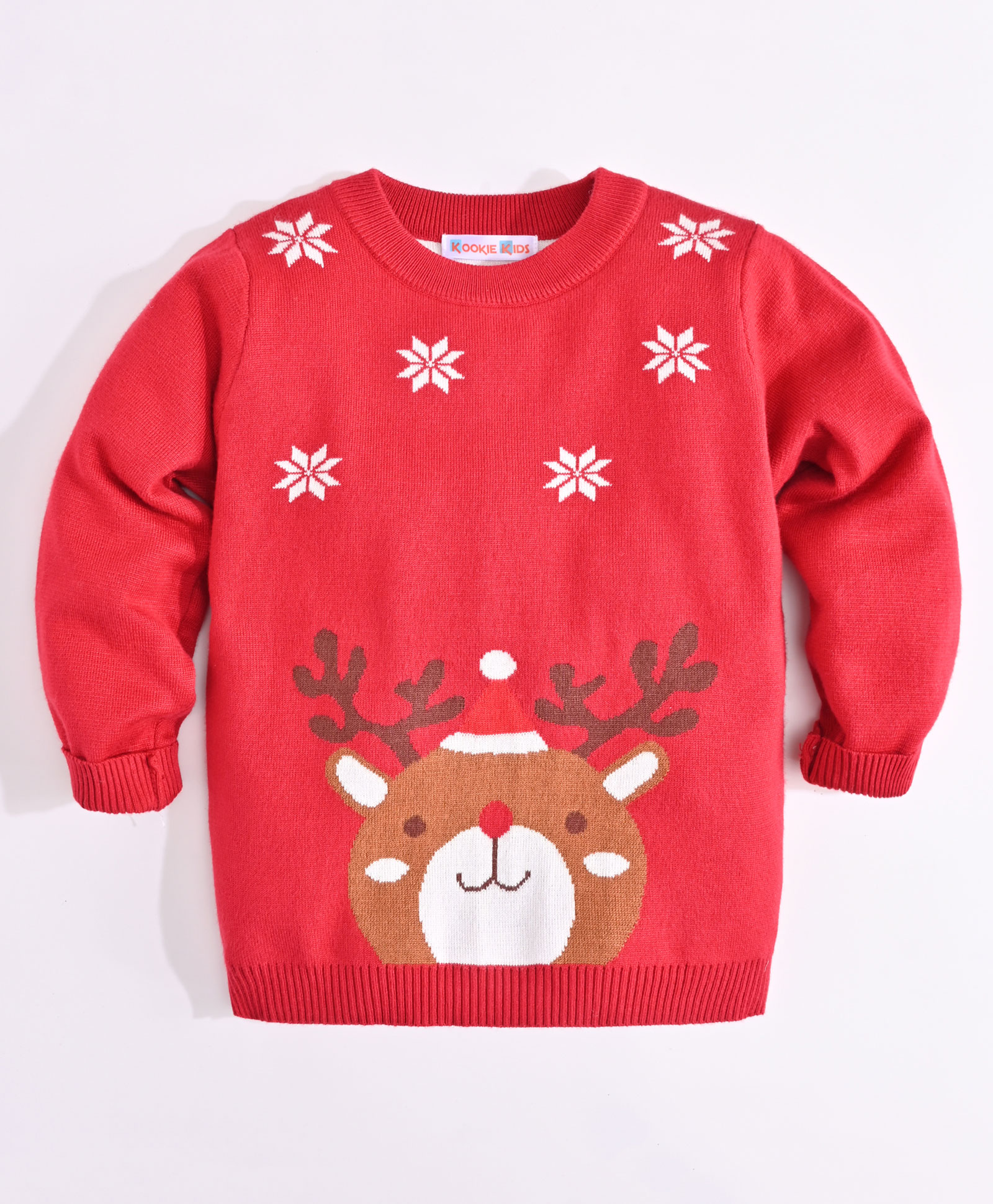 Kookie Kids Full Sleeves Sweater With Snowflakes & Reindeer Design- Red-image-43