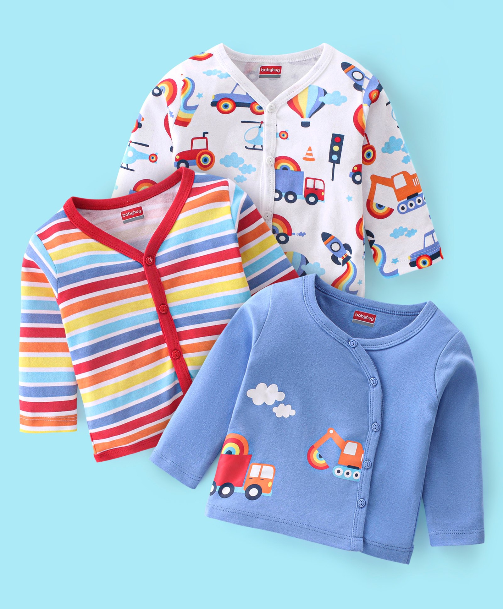 Babyhug 100% Cotton Full Sleeves Front Open Vests Stripes & Train Print Pack of 3- Blue Red & White-image-39