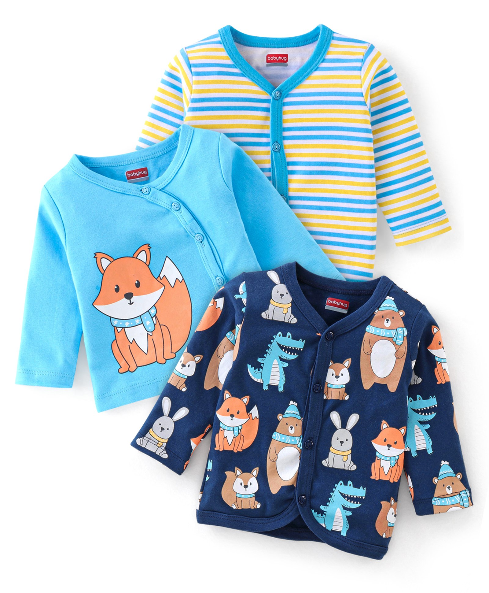Babyhug 100% Cotton Knit Full Sleeves Dino Printed Vests Pack of 3 - Multicolour-image-37