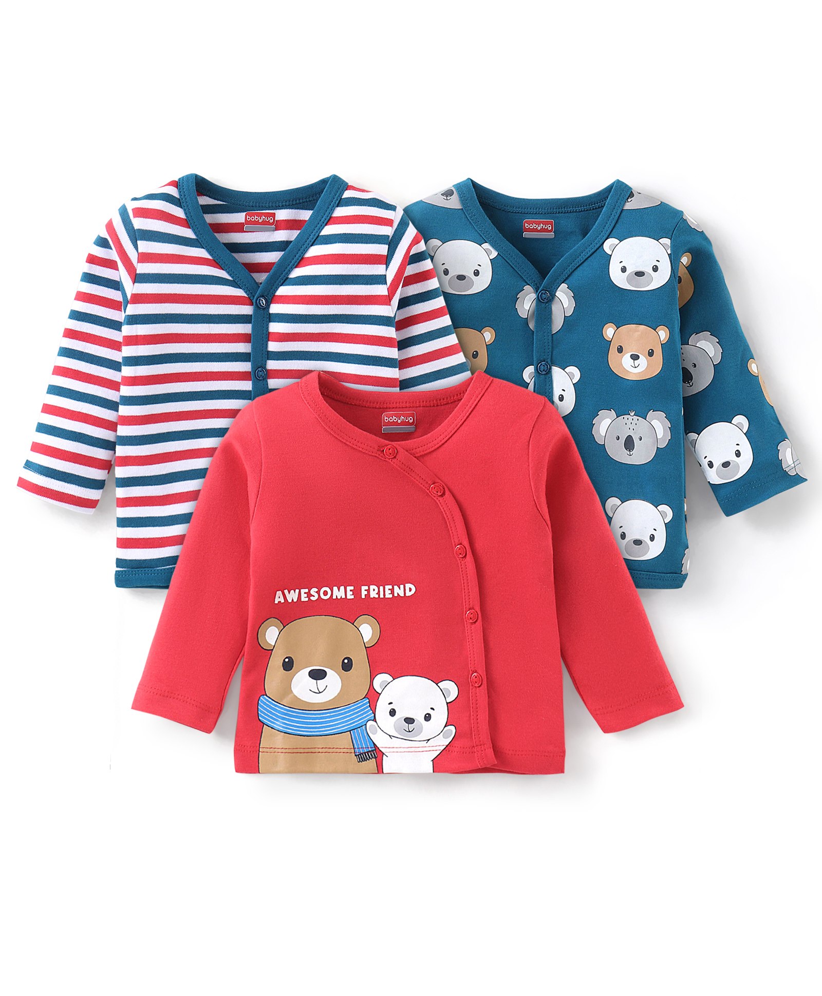 Babyhug 100% Cotton Full Sleeves Front Open Vests Teddy Print Pack of 3 - Red & Blue-image-23