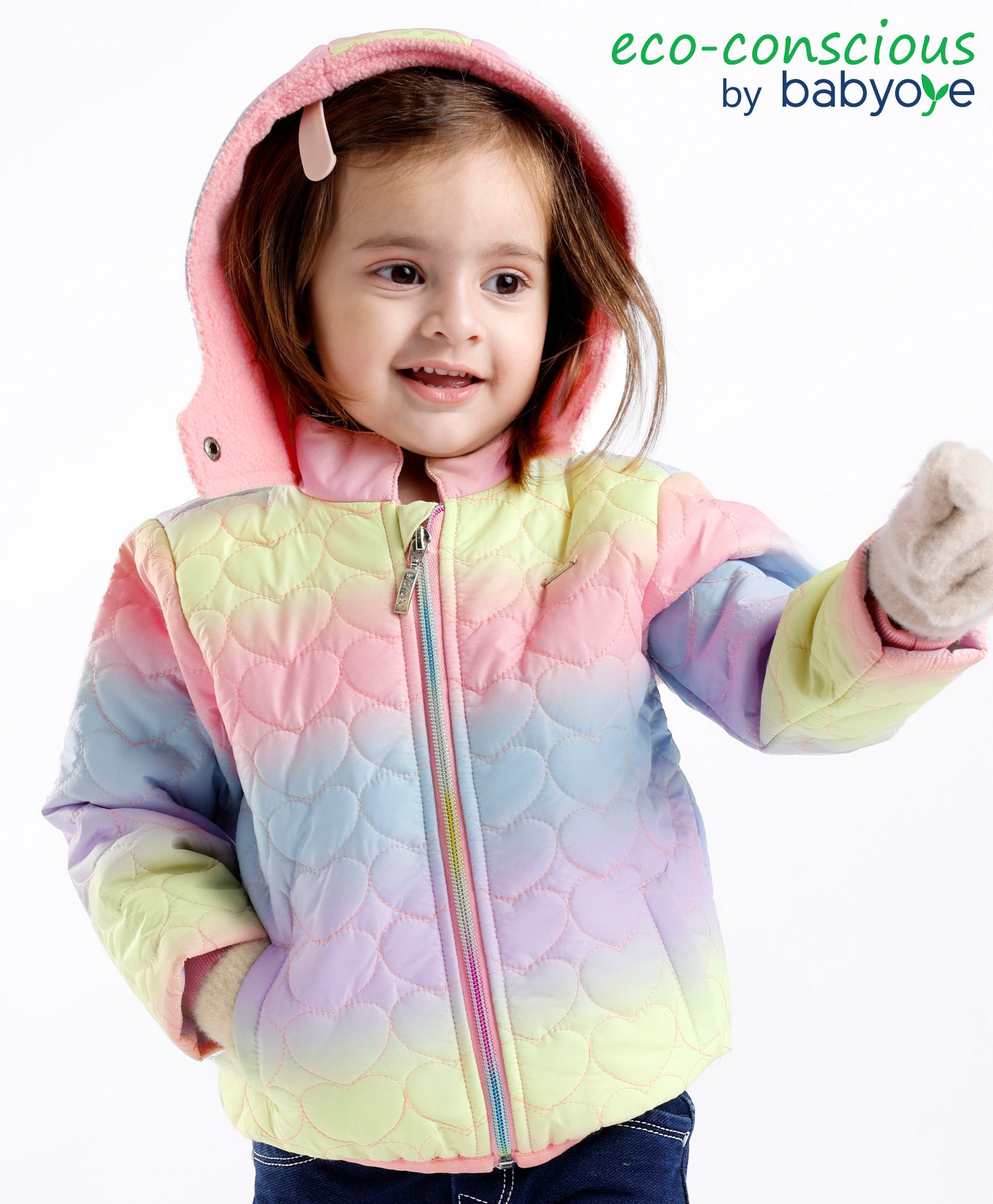 Babyoye Woven Full Sleeves Hooded Jacket With Heart Design - Pink-image-49