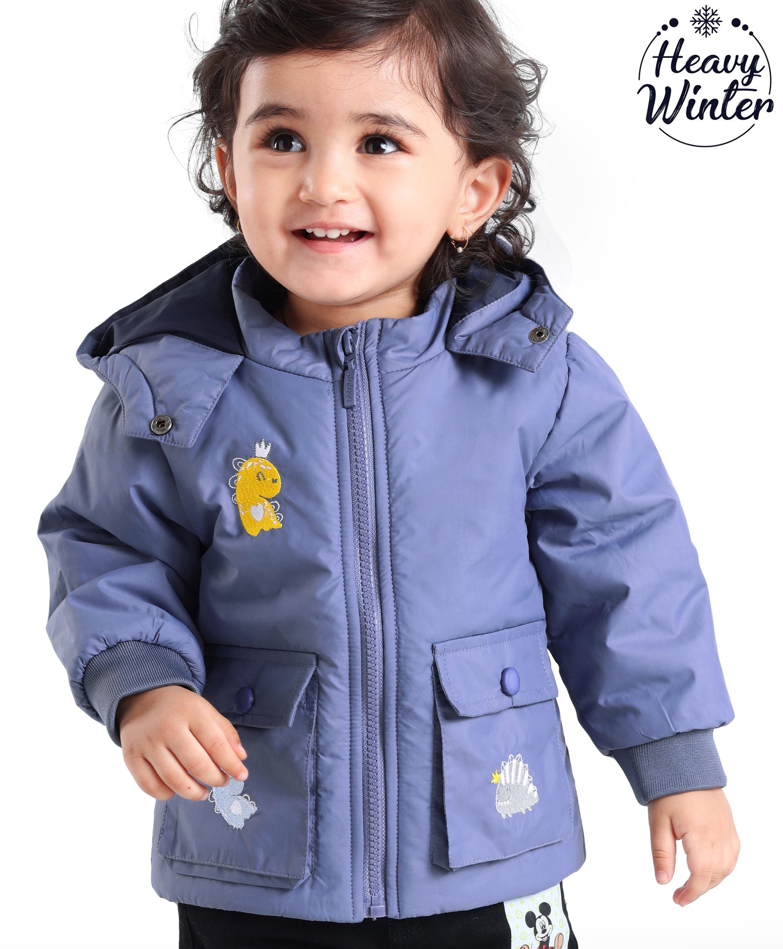 Babyoye Solid Full Sleeves Hooded Jacket with Dino Embroidered - Blue-image-3