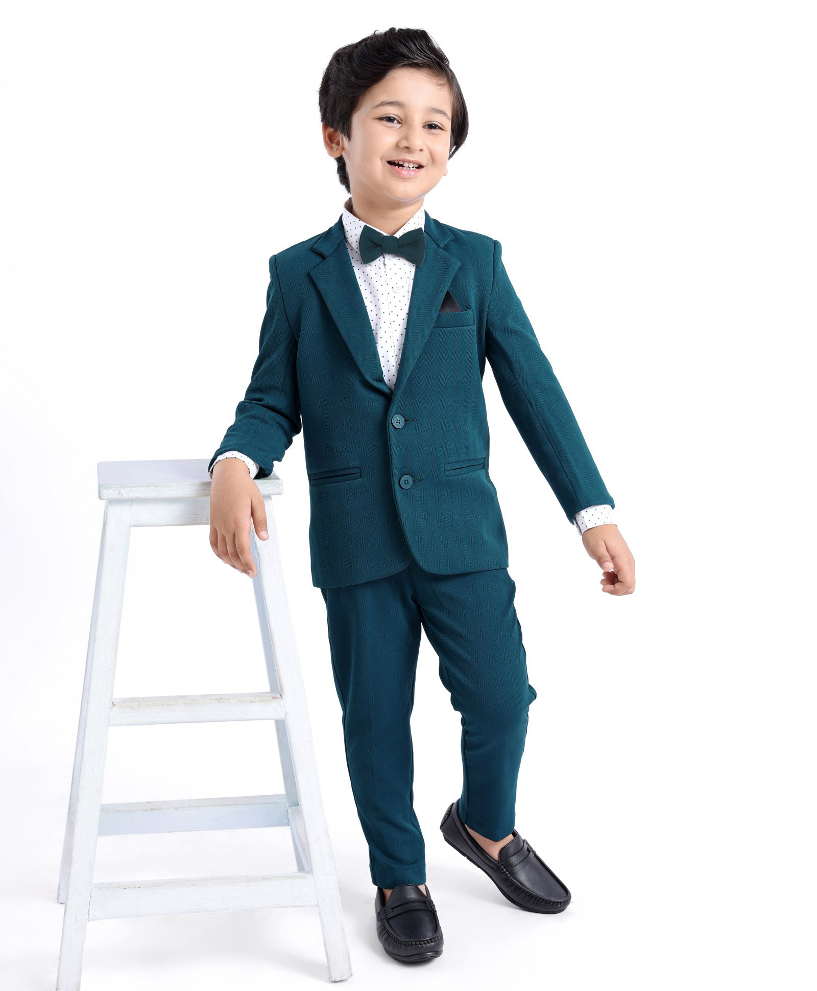 Babyhug Full Sleeves Three Piece Party Suit with Bow & Stretch - White & Teal Blue-image-18