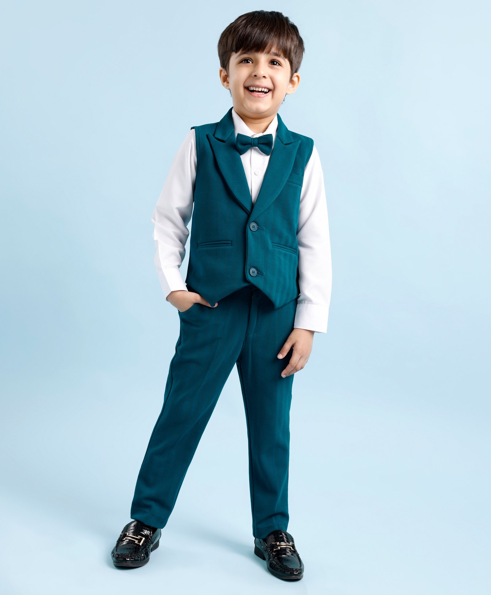 Babyhug Woven Full Sleeves Stretch Fit Party Suit With Waist Coat & Bow -  White & Dark Blue-picture-15