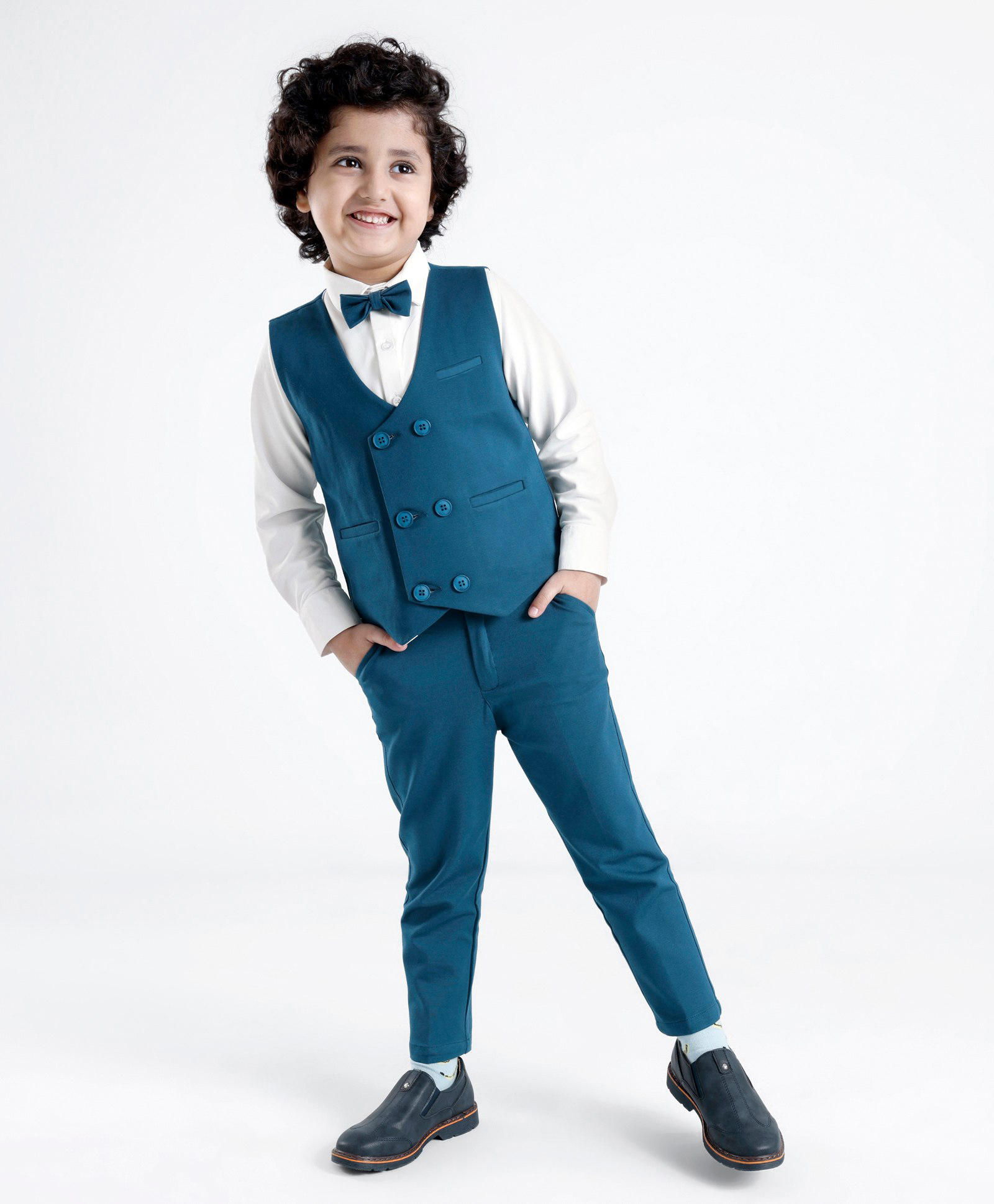 Babyhug Full Sleeves Three Piece Premium Party Suit with Bow  - White & Royal Blue-picture-16
