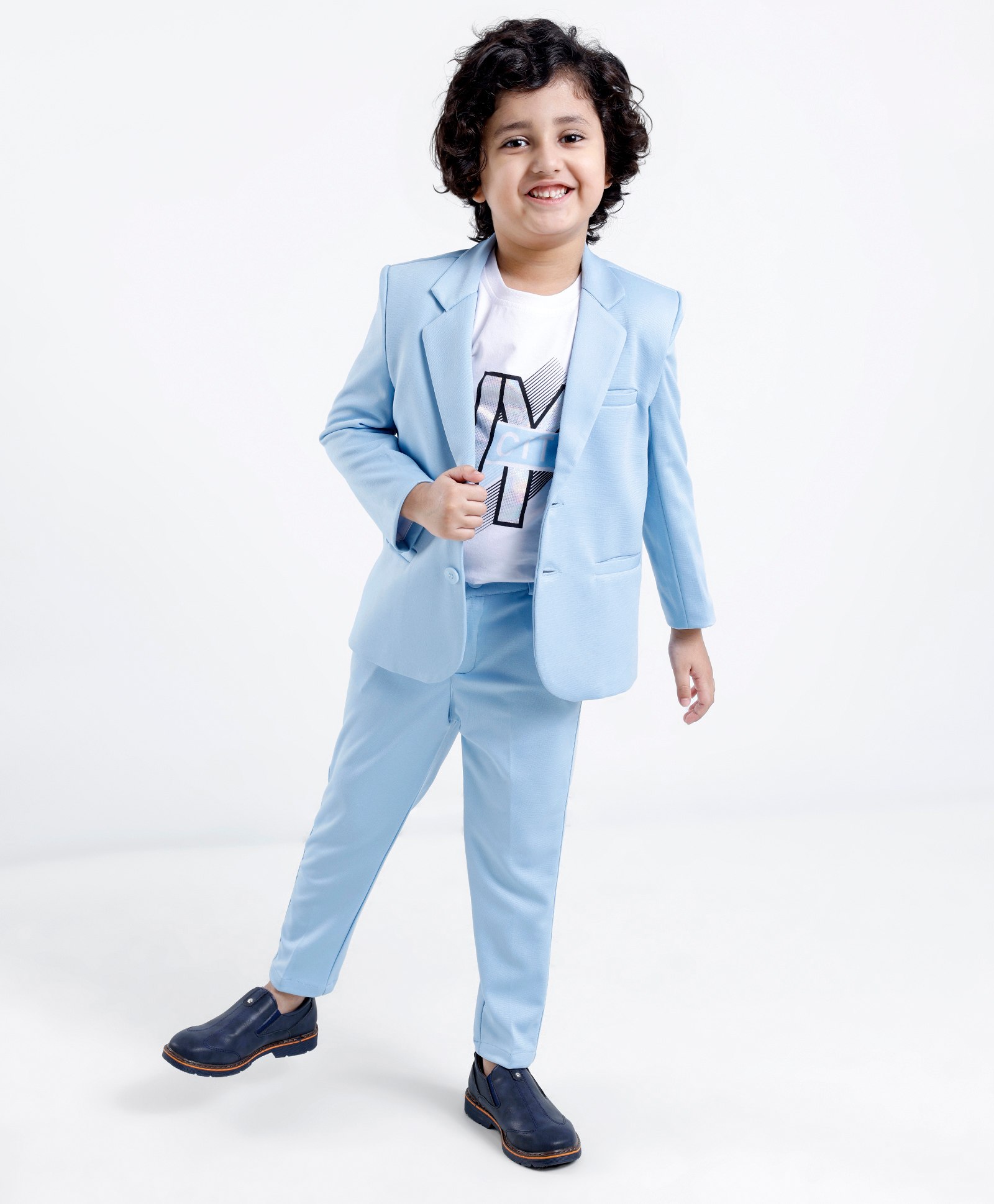 Babyhug Woven Full Sleeves Stretchable Party Suit & T-Shirt Set with Text Print - Light Blue-image-6