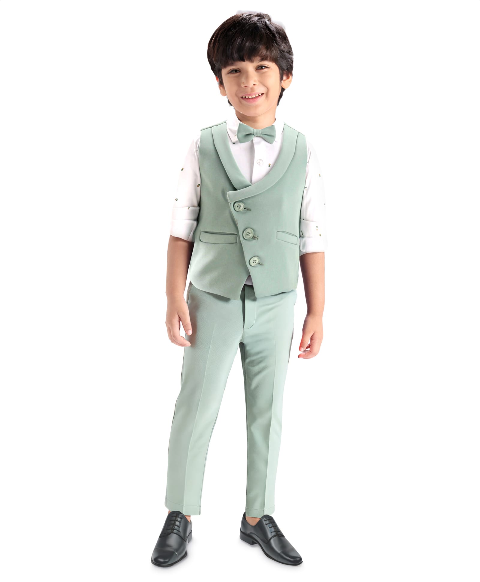 Babyhug Woven Full Sleeves Stretch Fit Party Suit With Waist Coat & Bow - Light Green-picture-28